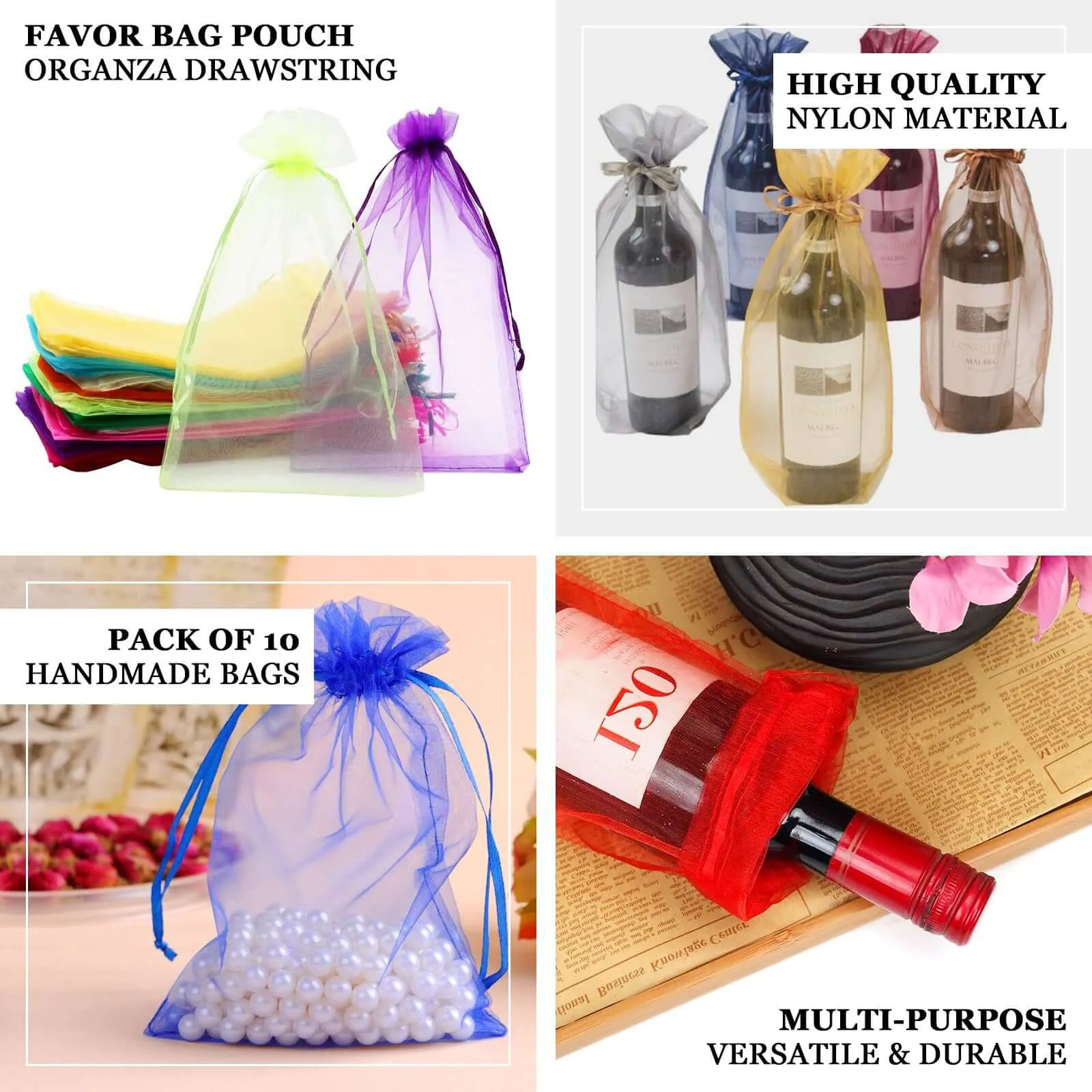 10 Pack 6"x15" Black Organza Drawstring Party Favor Wine Gift Bags