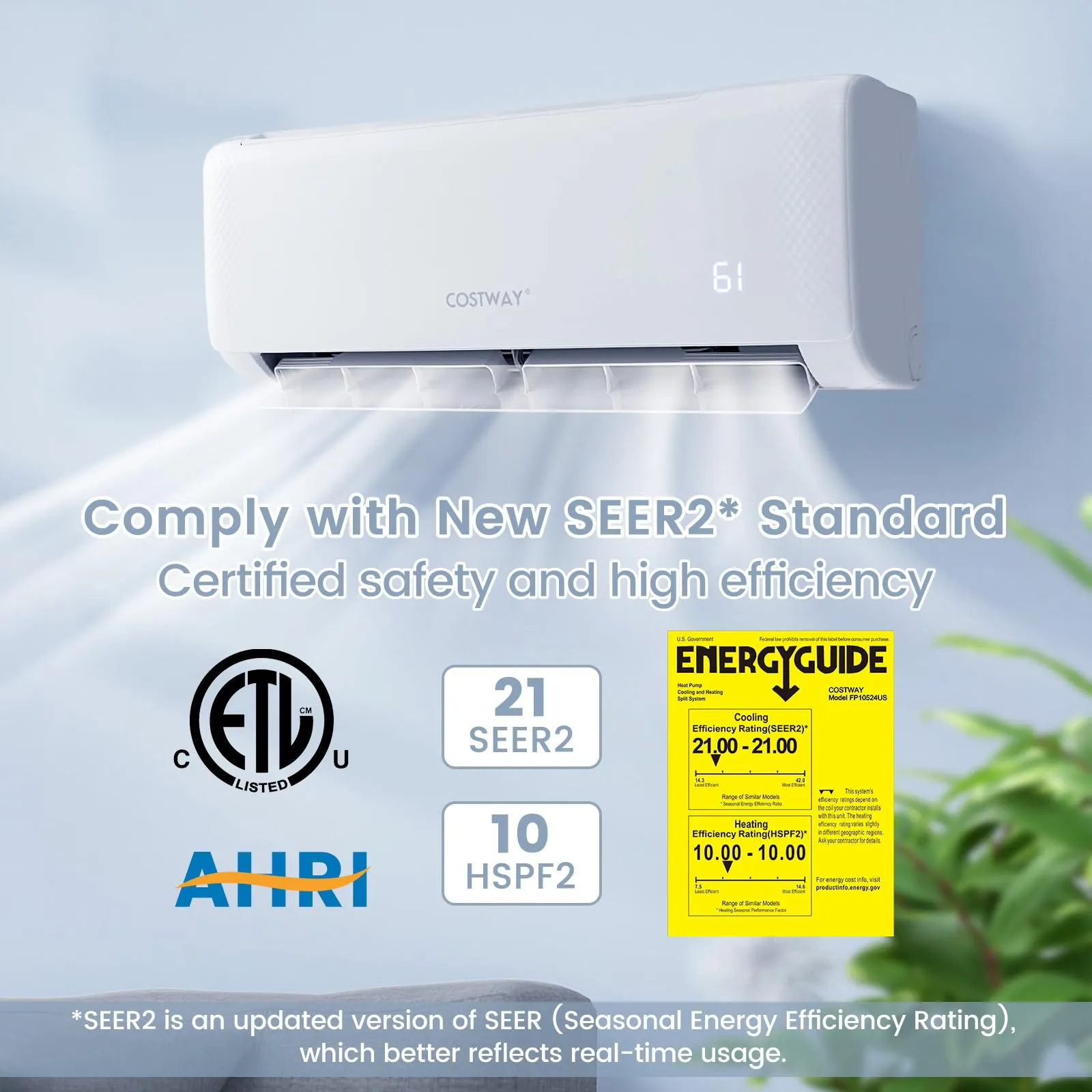 12,000 BTU Mini Split Air Conditioner, with Heat Pump, 21 SEER2 Inverter, Energy Star, 24H Timer, Auto Clean