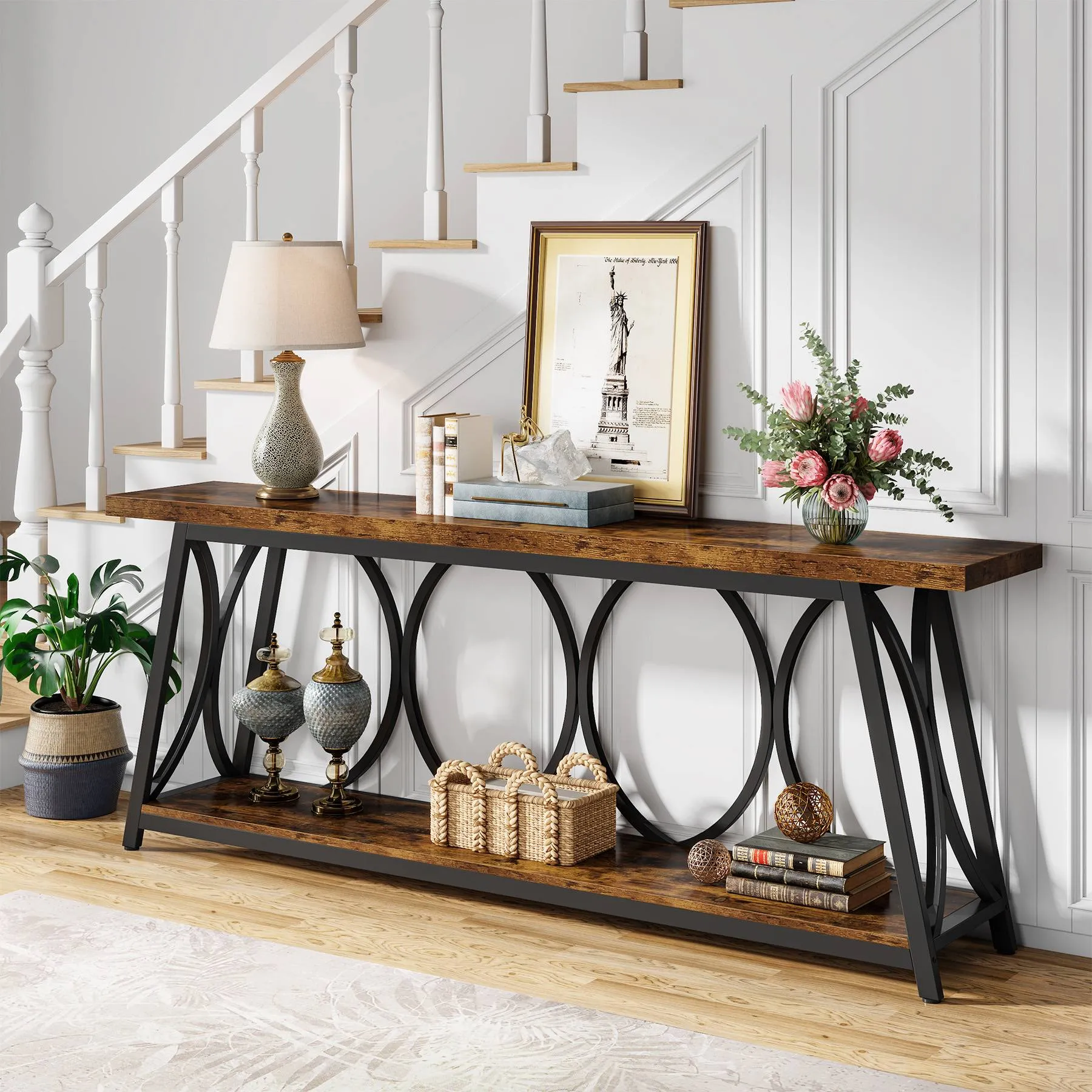 2-Tier Console Table, 70.9" Industrial Sofa Table Behind Couch with Shelves