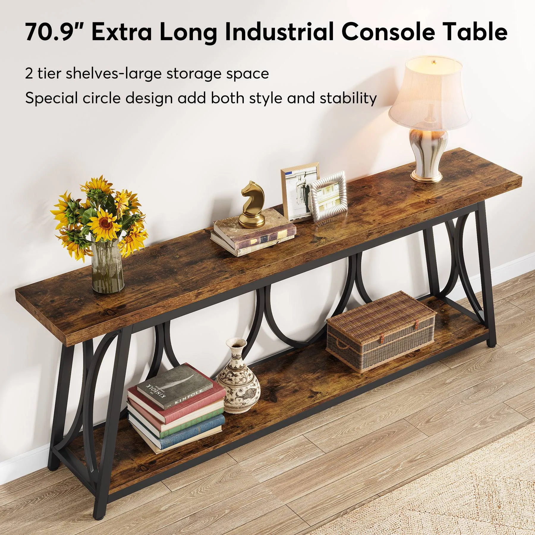 2-Tier Console Table, 70.9" Industrial Sofa Table Behind Couch with Shelves