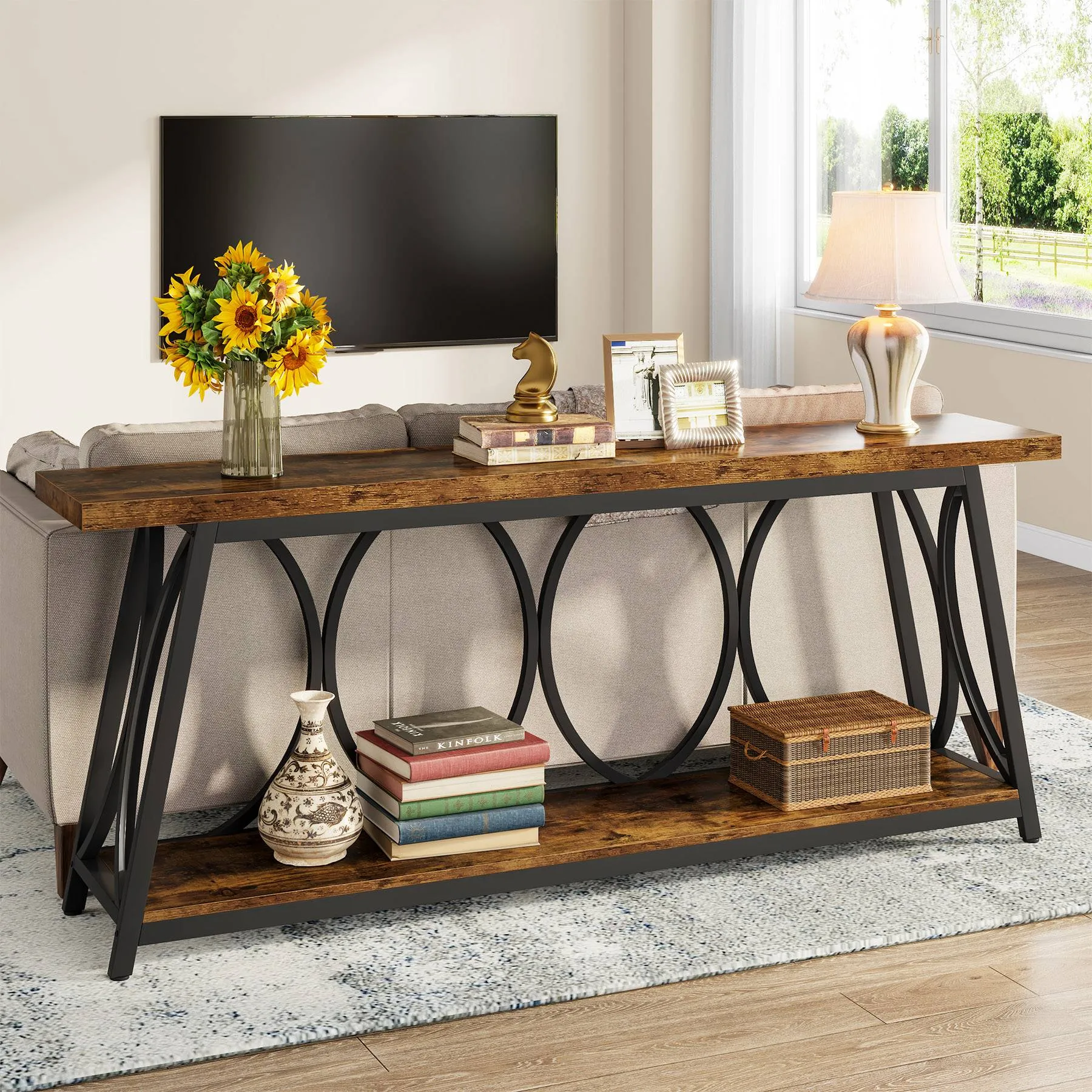 2-Tier Console Table, 70.9" Industrial Sofa Table Behind Couch with Shelves