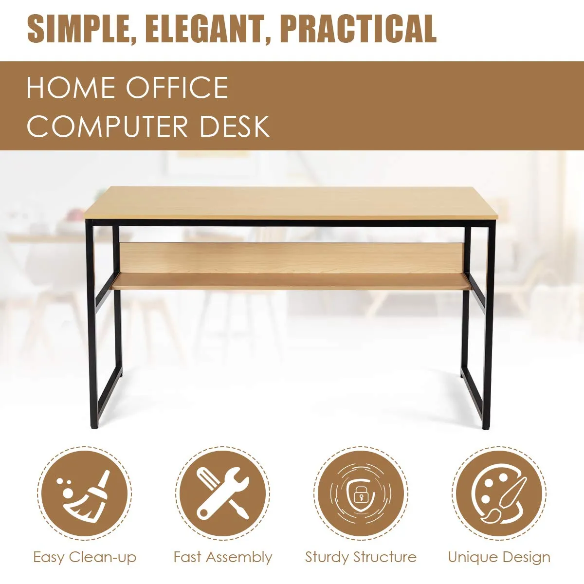 55 Inches Computer Desk with Bookshelf, Study Writing Table w/Storage Shelf & Sturdy Metal Frame