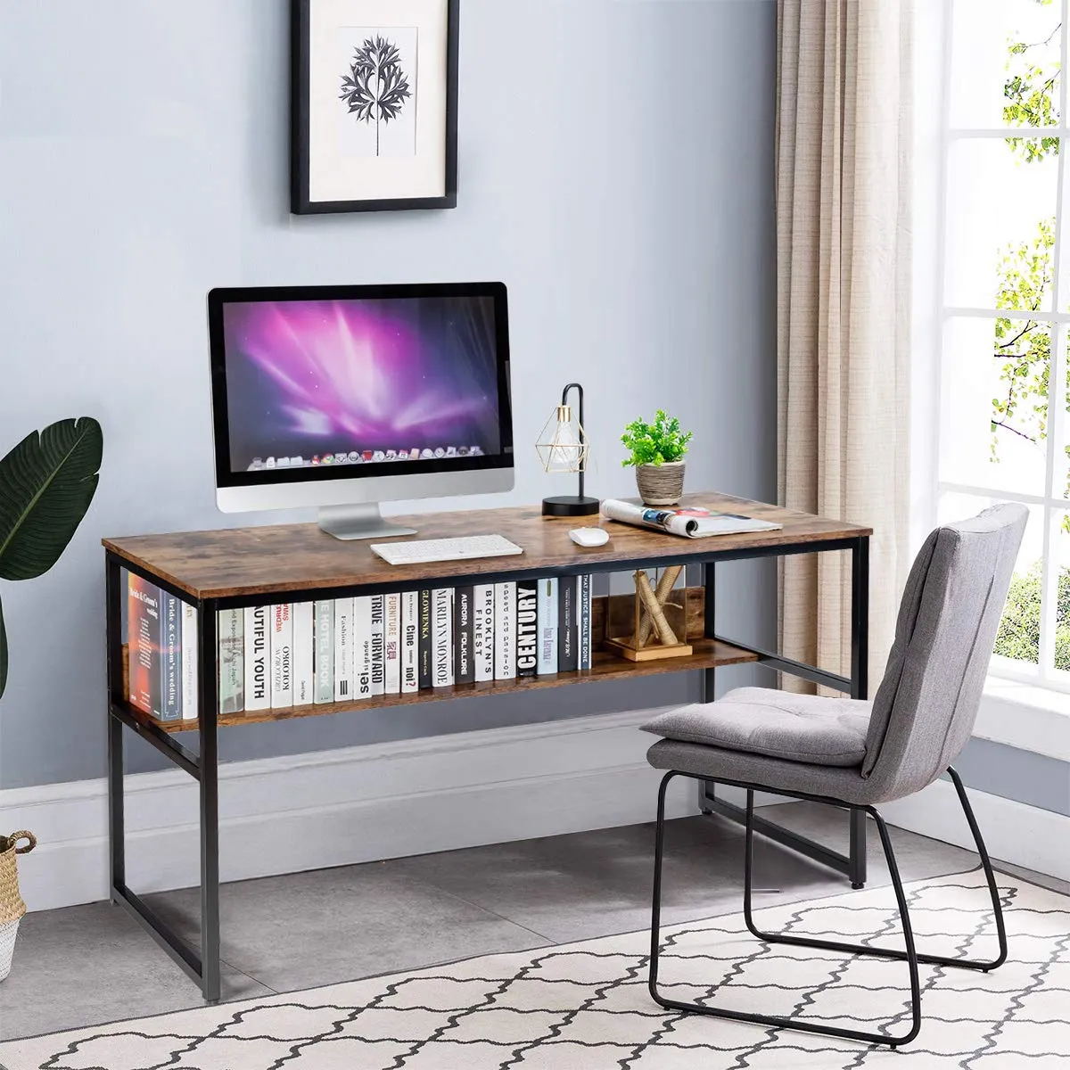 55 Inches Computer Desk with Bookshelf, Study Writing Table w/Storage Shelf & Sturdy Metal Frame