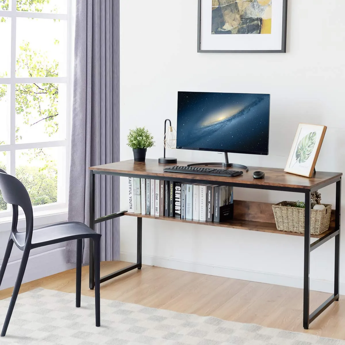 55 Inches Computer Desk with Bookshelf, Study Writing Table w/Storage Shelf & Sturdy Metal Frame