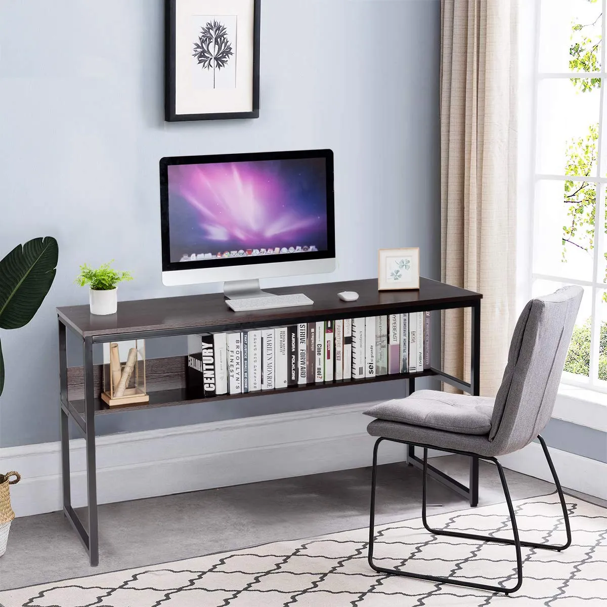 55 Inches Computer Desk with Bookshelf, Study Writing Table w/Storage Shelf & Sturdy Metal Frame