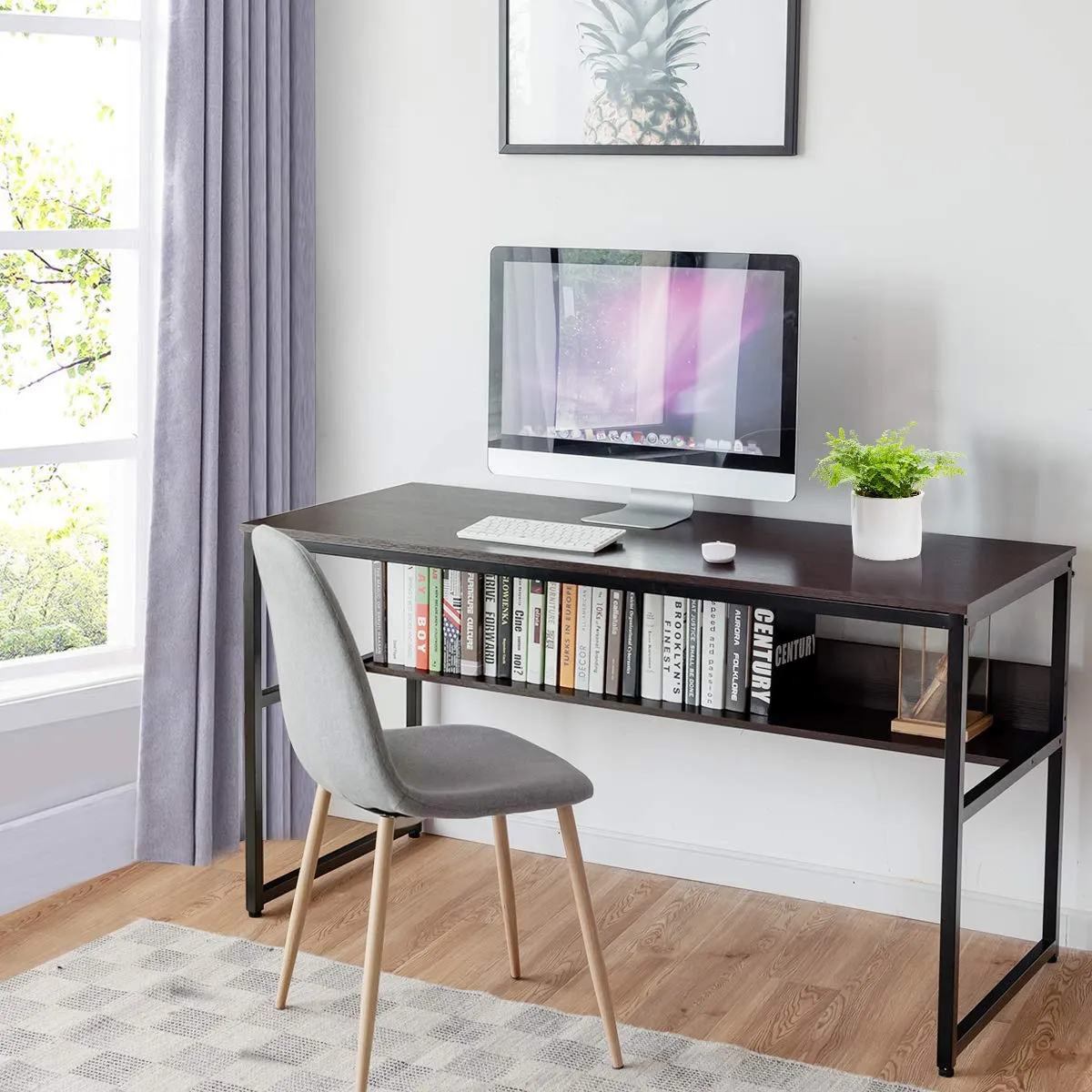 55 Inches Computer Desk with Bookshelf, Study Writing Table w/Storage Shelf & Sturdy Metal Frame