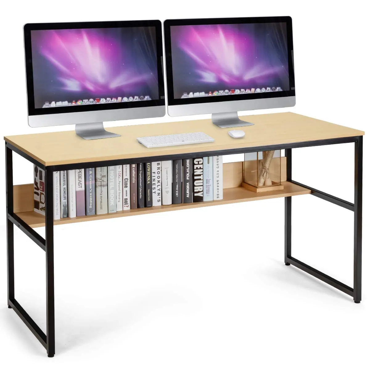 55 Inches Computer Desk with Bookshelf, Study Writing Table w/Storage Shelf & Sturdy Metal Frame