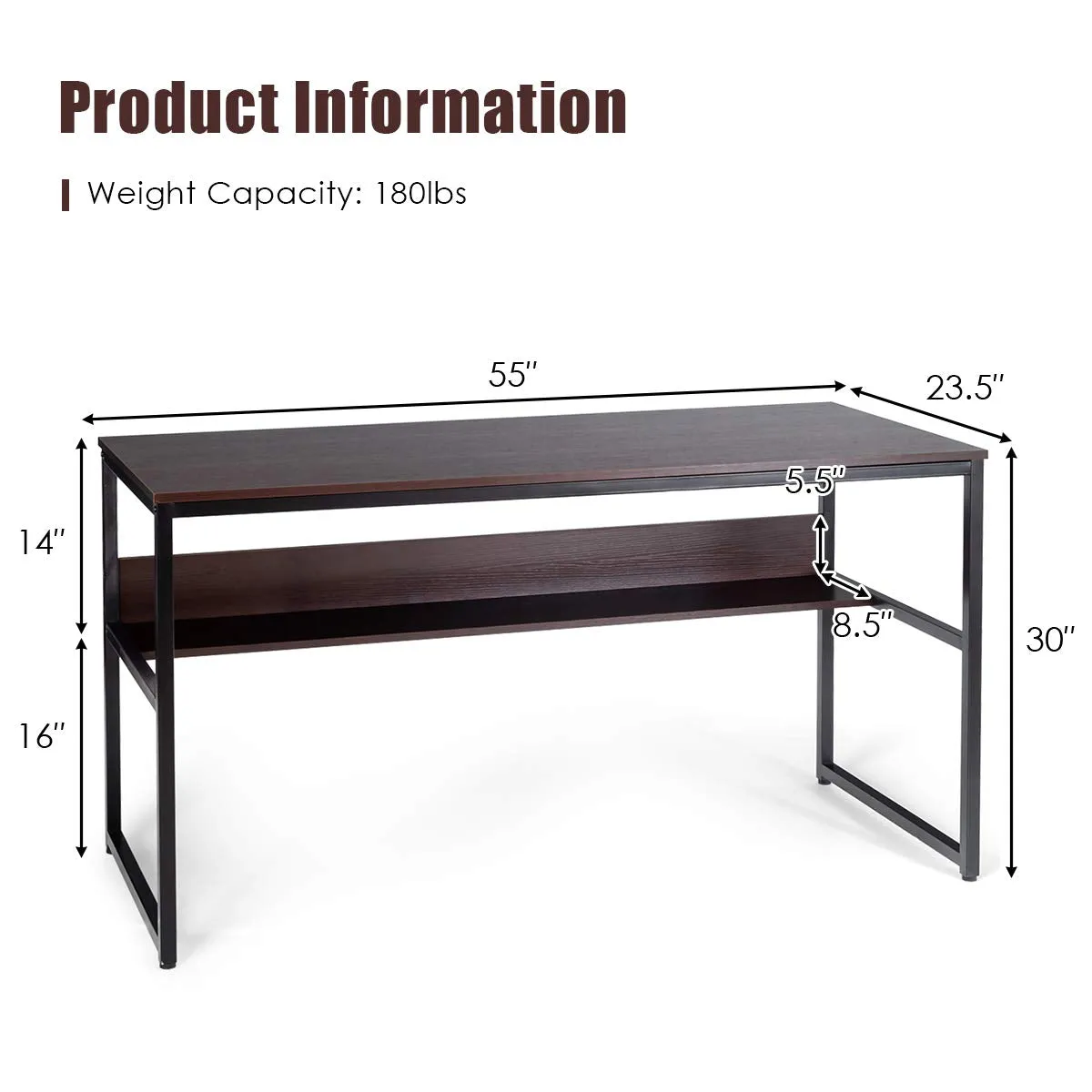 55 Inches Computer Desk with Bookshelf, Study Writing Table w/Storage Shelf & Sturdy Metal Frame