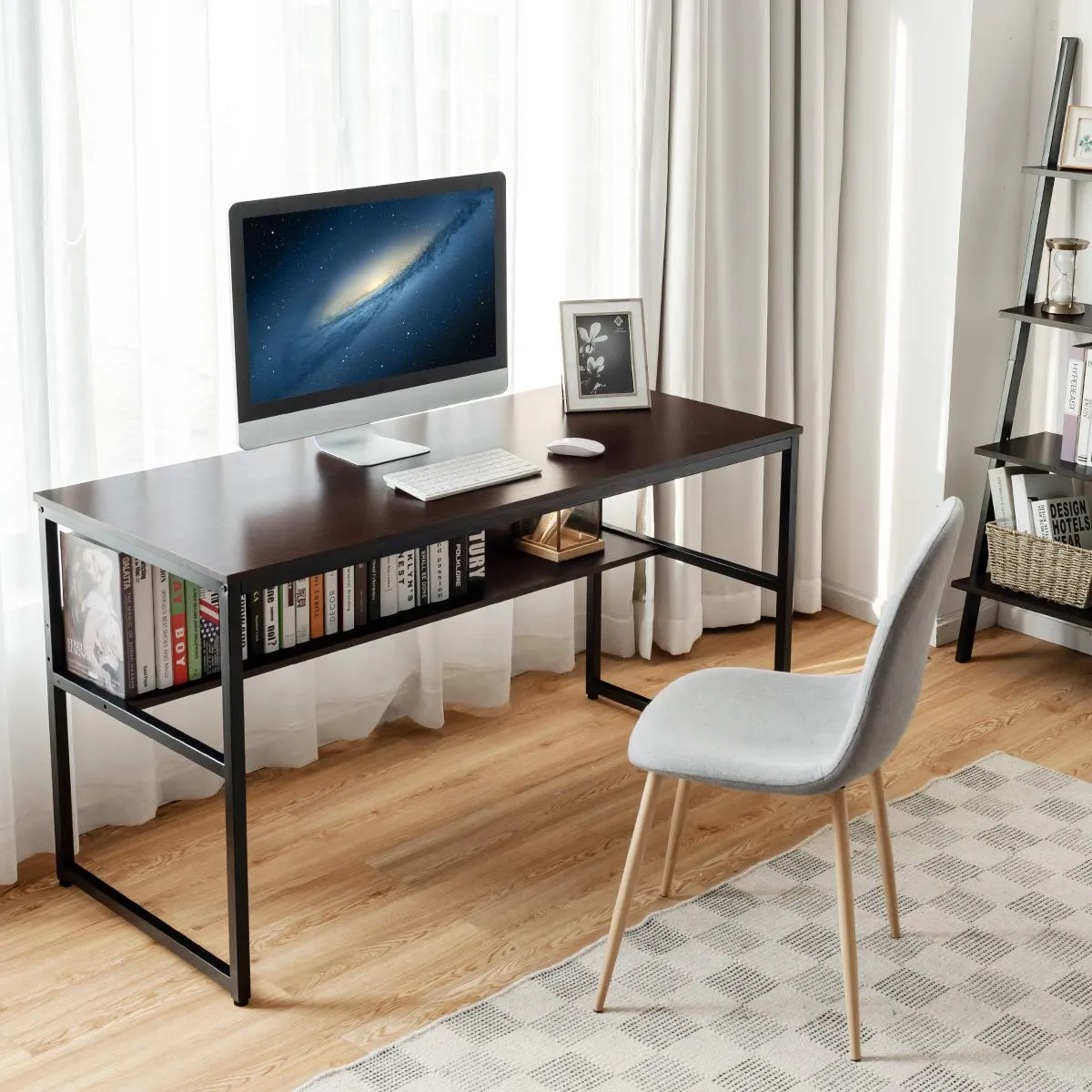 55 Inches Computer Desk with Bookshelf, Study Writing Table w/Storage Shelf & Sturdy Metal Frame