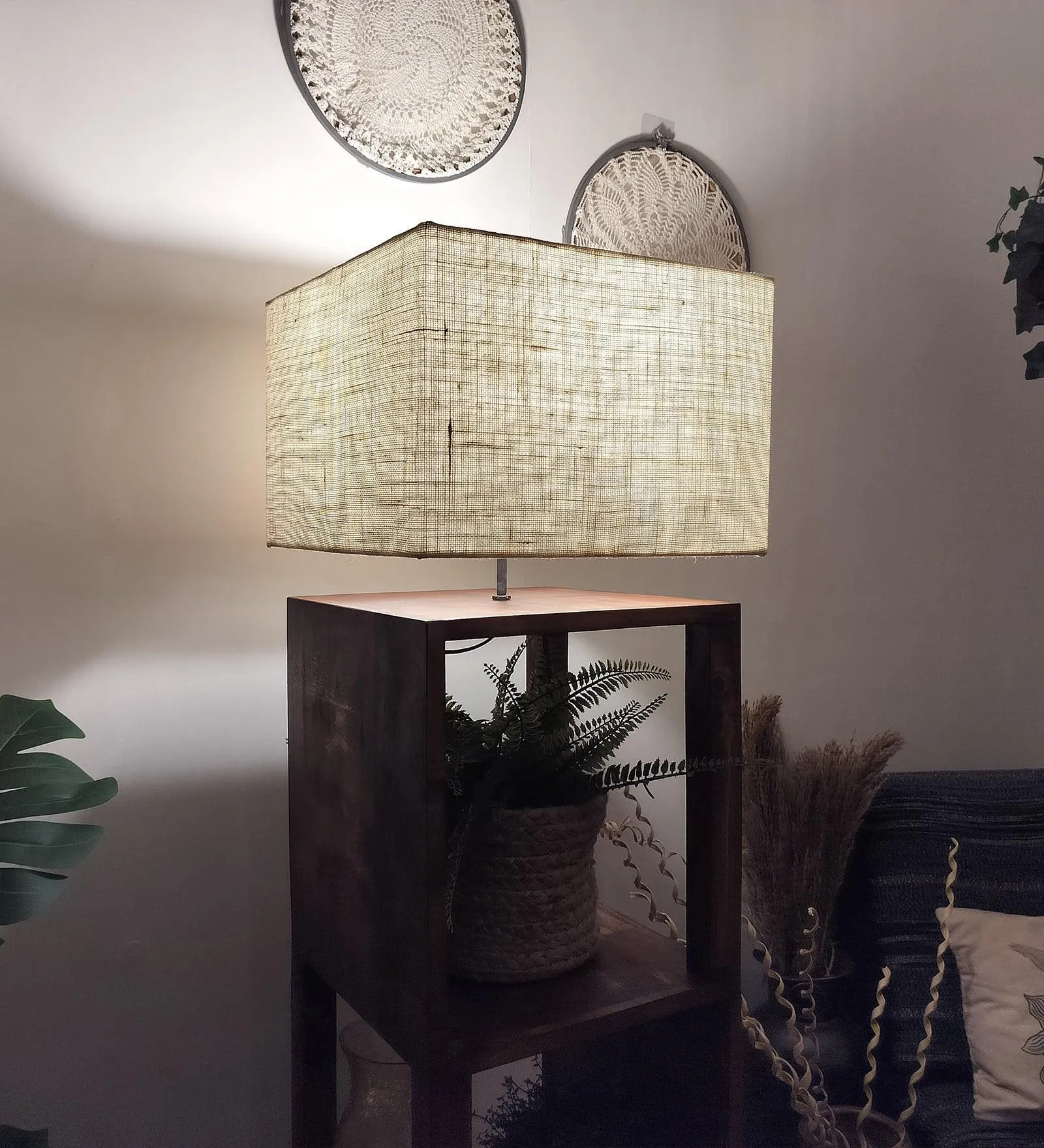 Agnes Wooden Floor Lamp with Brown Base and Jute Fabric Lampshade