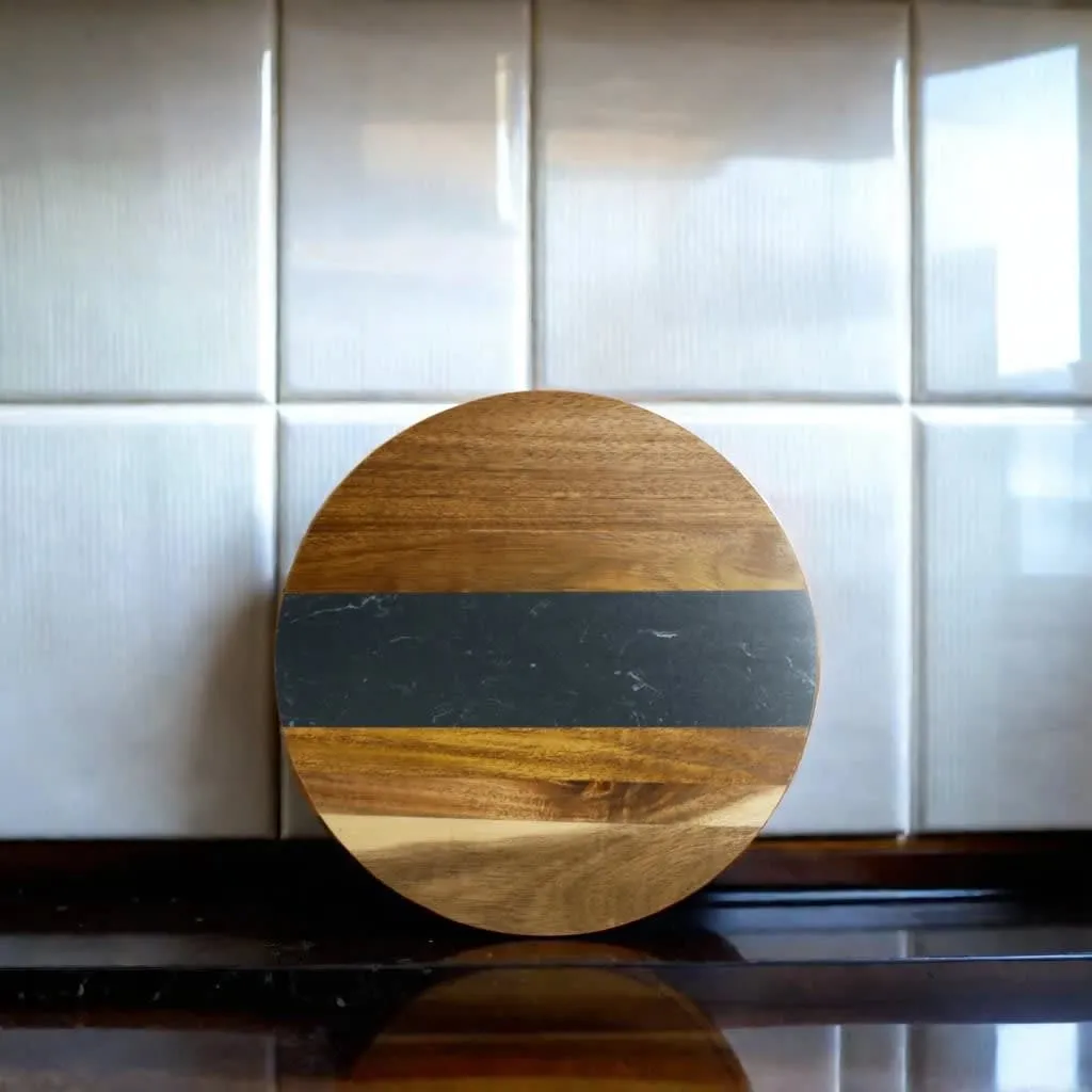 Black Marble Stripe and Acacia Wood Round Board - 11"