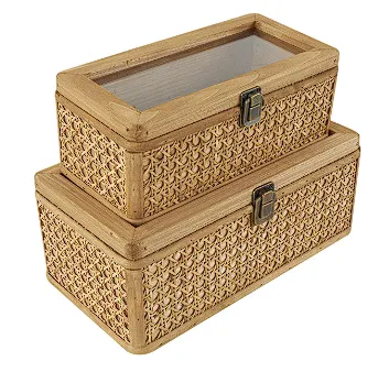 BROWN RATTAN HANDMADE WOVEN RATTAN BOX WITH GLASS TOPS AND BRONZE LATCHES