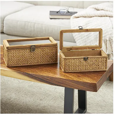 BROWN RATTAN HANDMADE WOVEN RATTAN BOX WITH GLASS TOPS AND BRONZE LATCHES