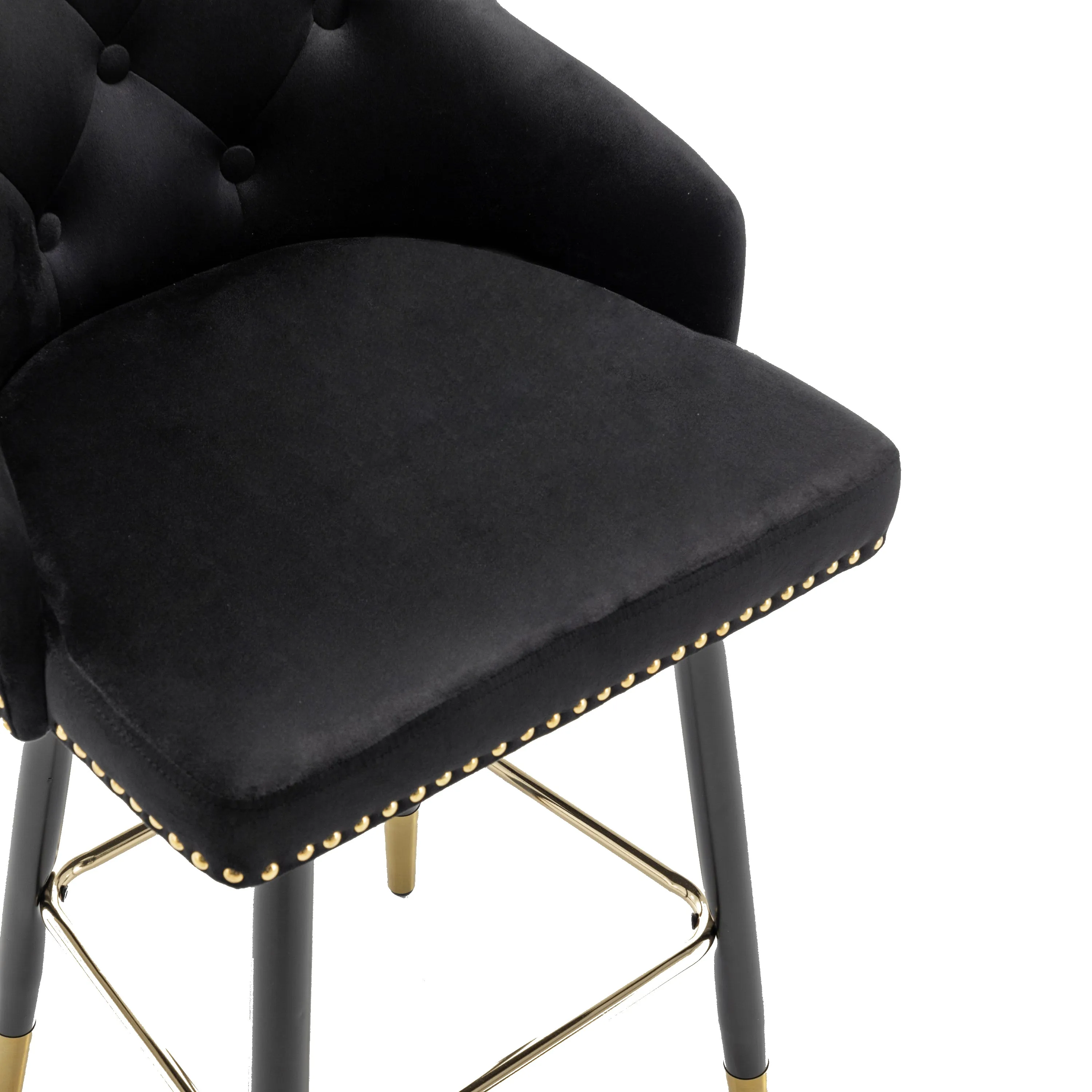 BTEXPERT Premium upholstered Dining 25" High Back , Black Velvet Tufted Gold Nail Head Trim Stool Bar Chairs Set of 2