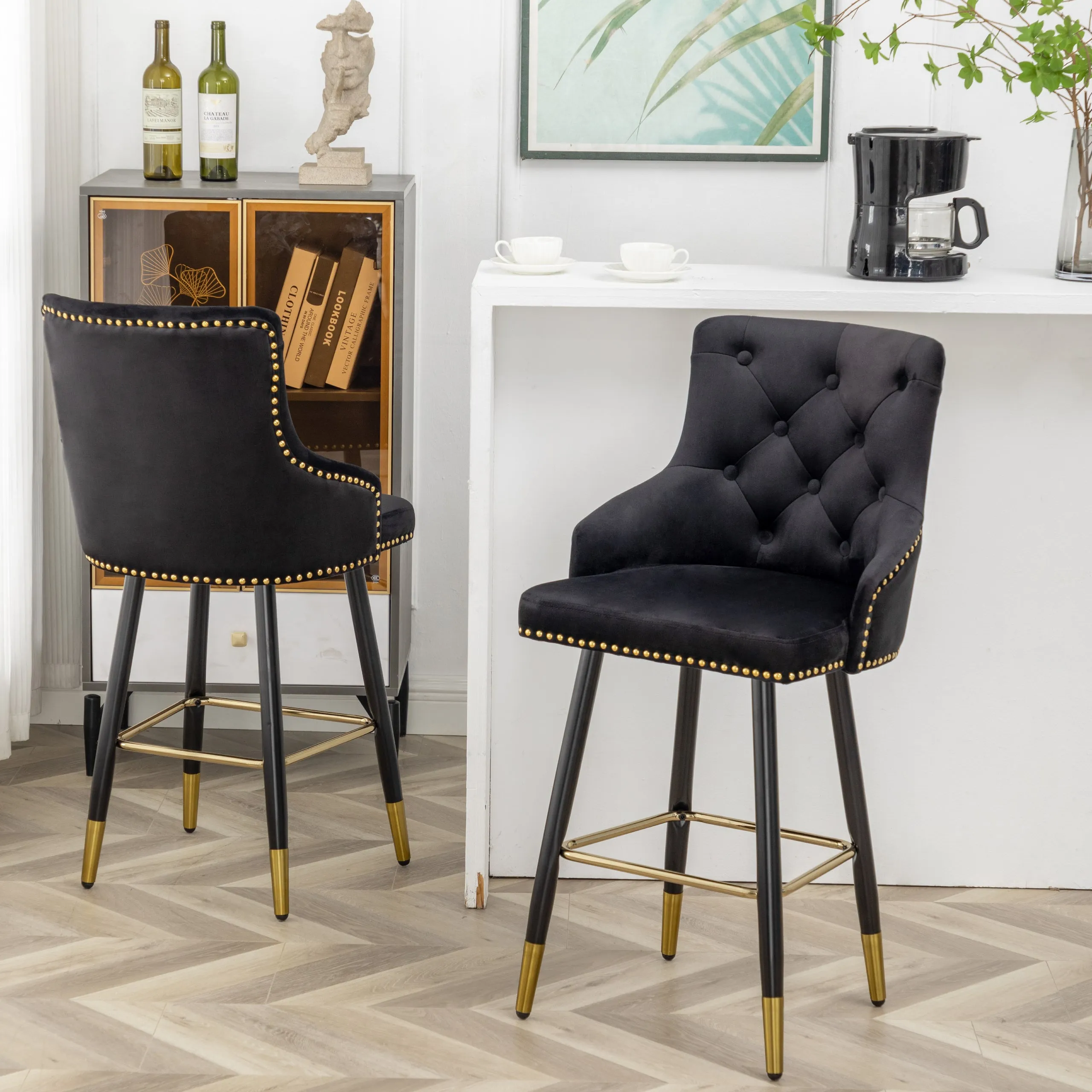 BTEXPERT Premium upholstered Dining 25" High Back , Black Velvet Tufted Gold Nail Head Trim Stool Bar Chairs Set of 2