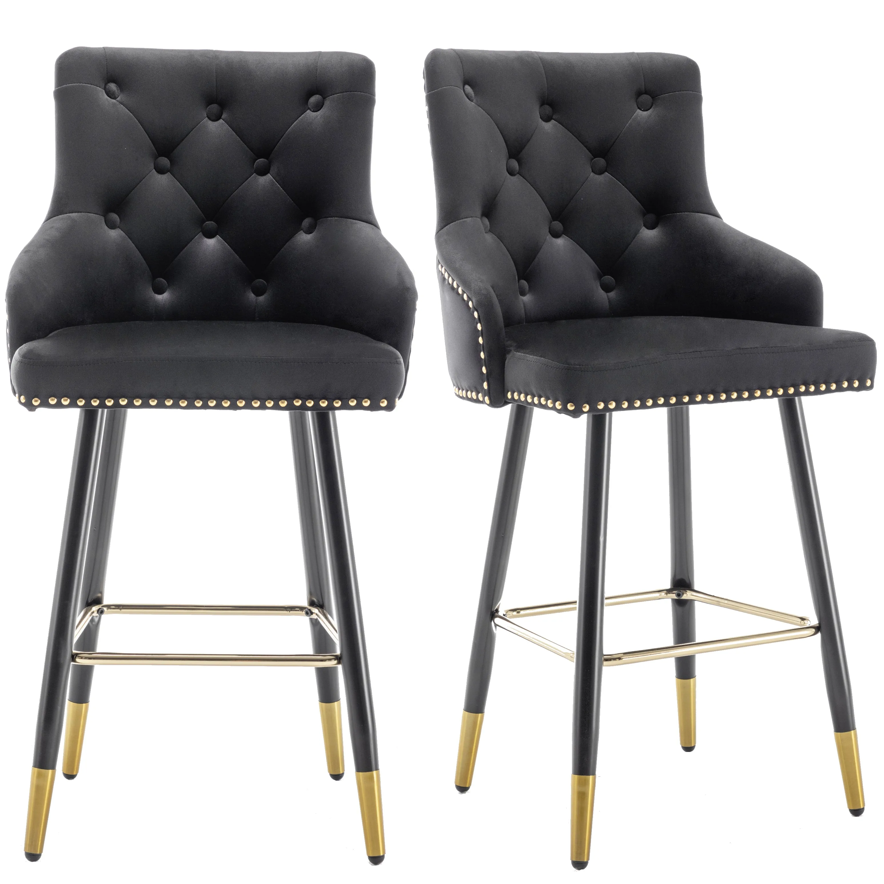 BTEXPERT Premium upholstered Dining 25" High Back , Black Velvet Tufted Gold Nail Head Trim Stool Bar Chairs Set of 2