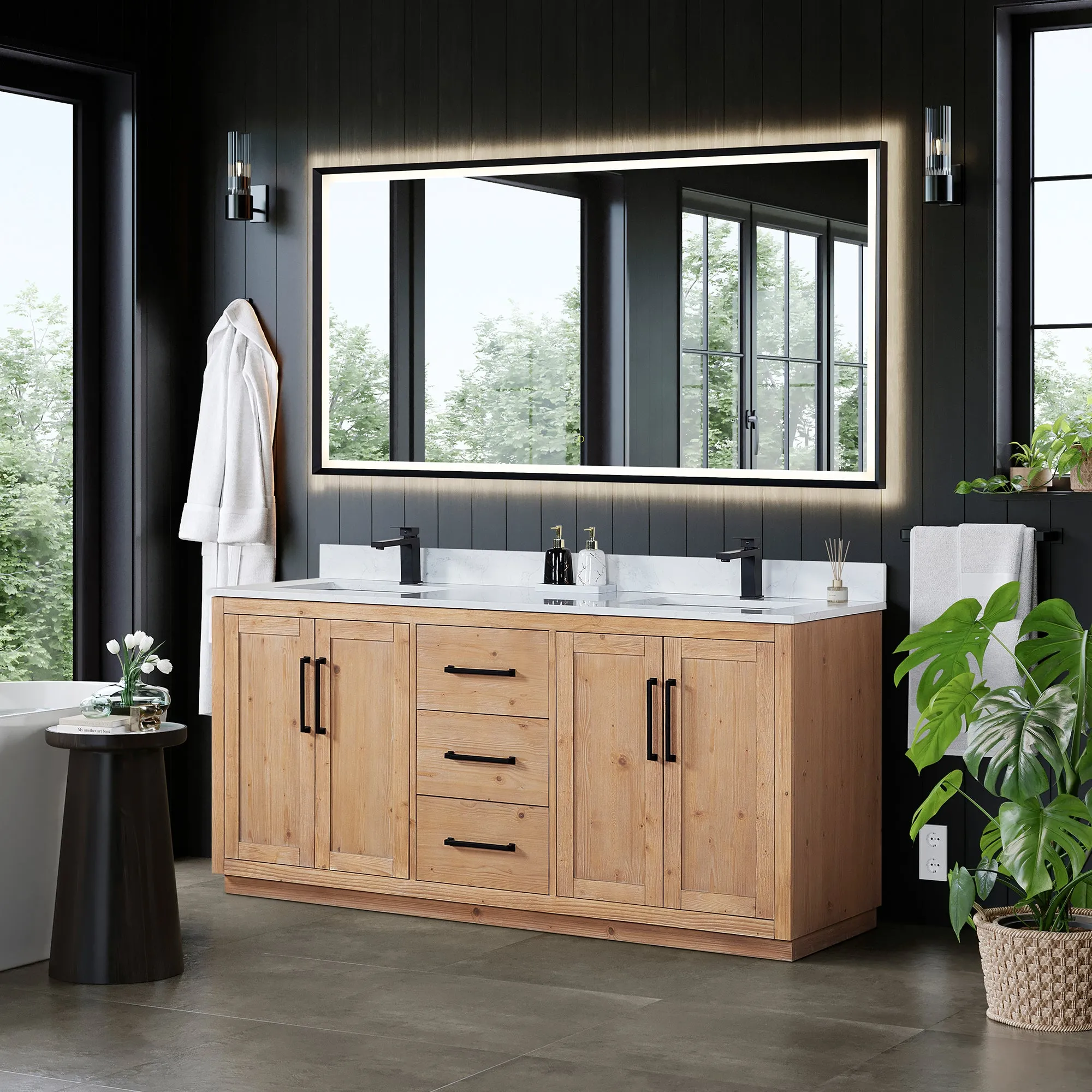 Cicero 72" Double Bathroom Vanity in Light Brown with Engineered Stone Countertop