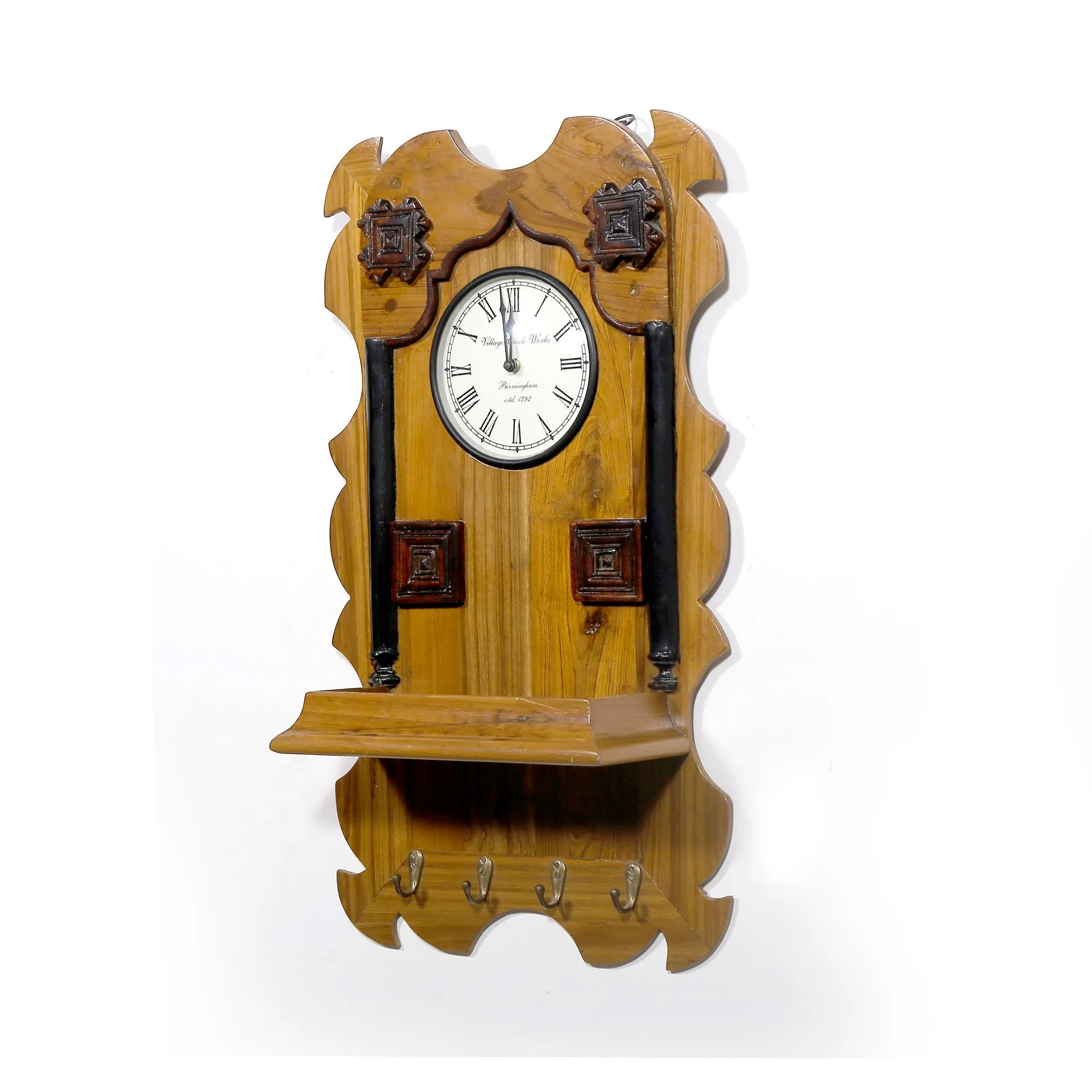 Classic Natural Finished Wooden Clock and Keyholder