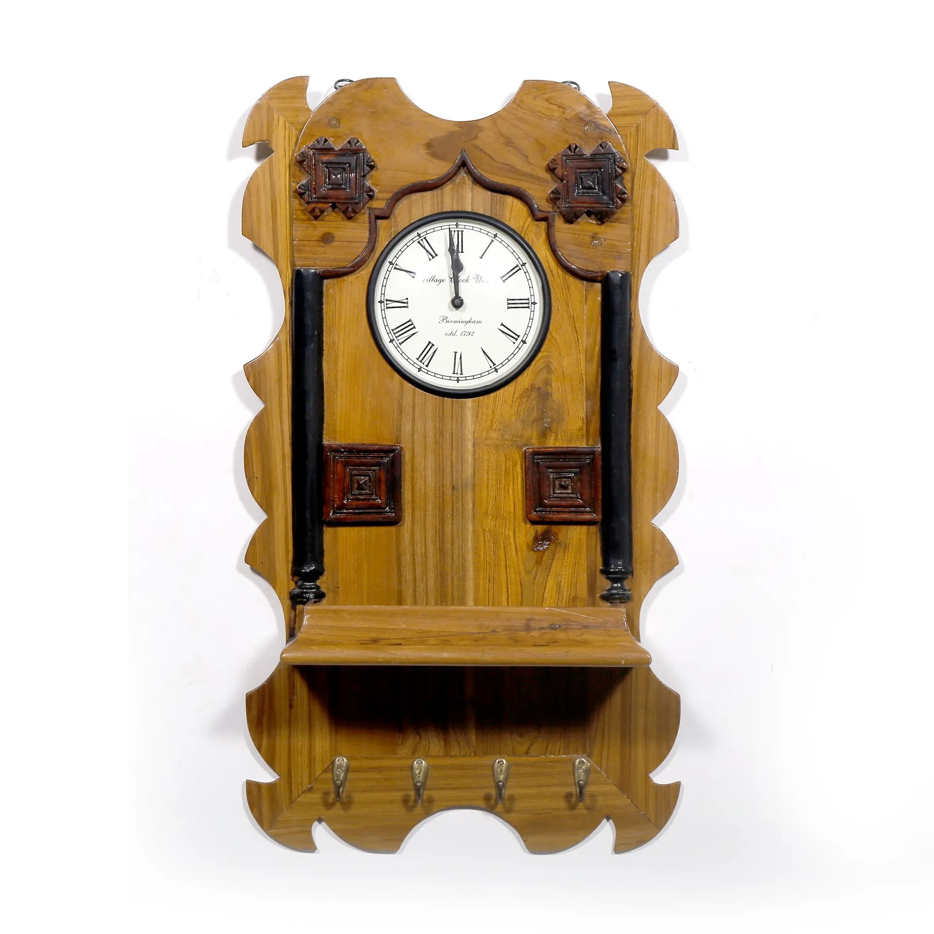 Classic Natural Finished Wooden Clock and Keyholder