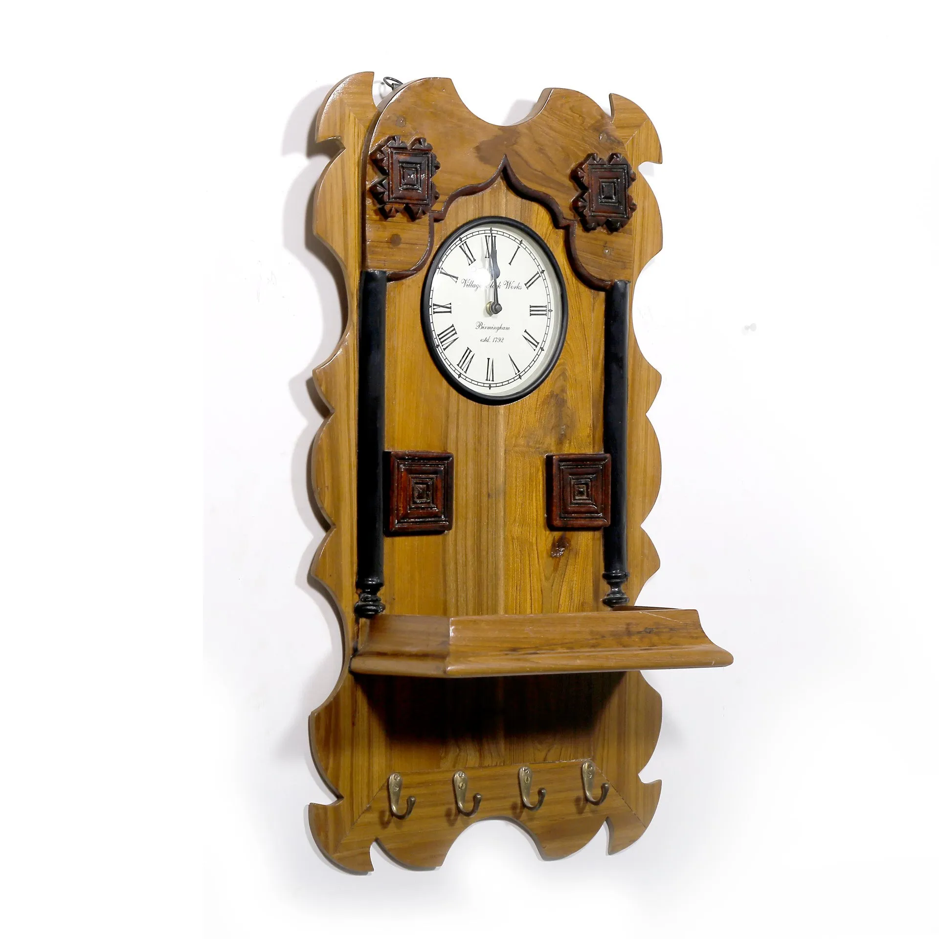 Classic Natural Finished Wooden Clock and Keyholder