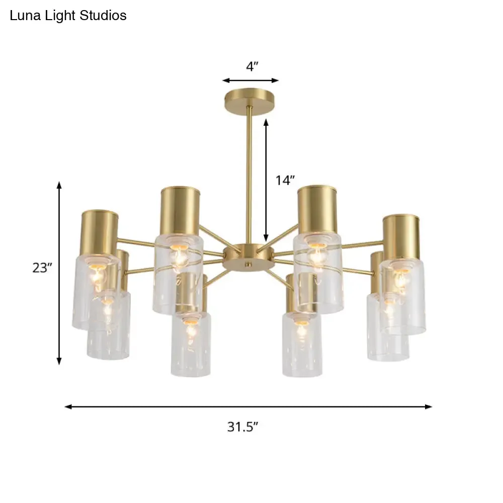 Contemporary 8-Light Brass Chandelier with Clear Glass Shade