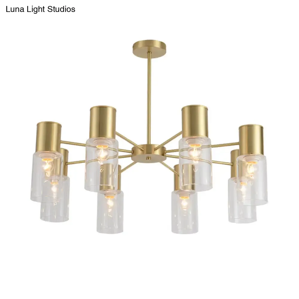 Contemporary 8-Light Brass Chandelier with Clear Glass Shade