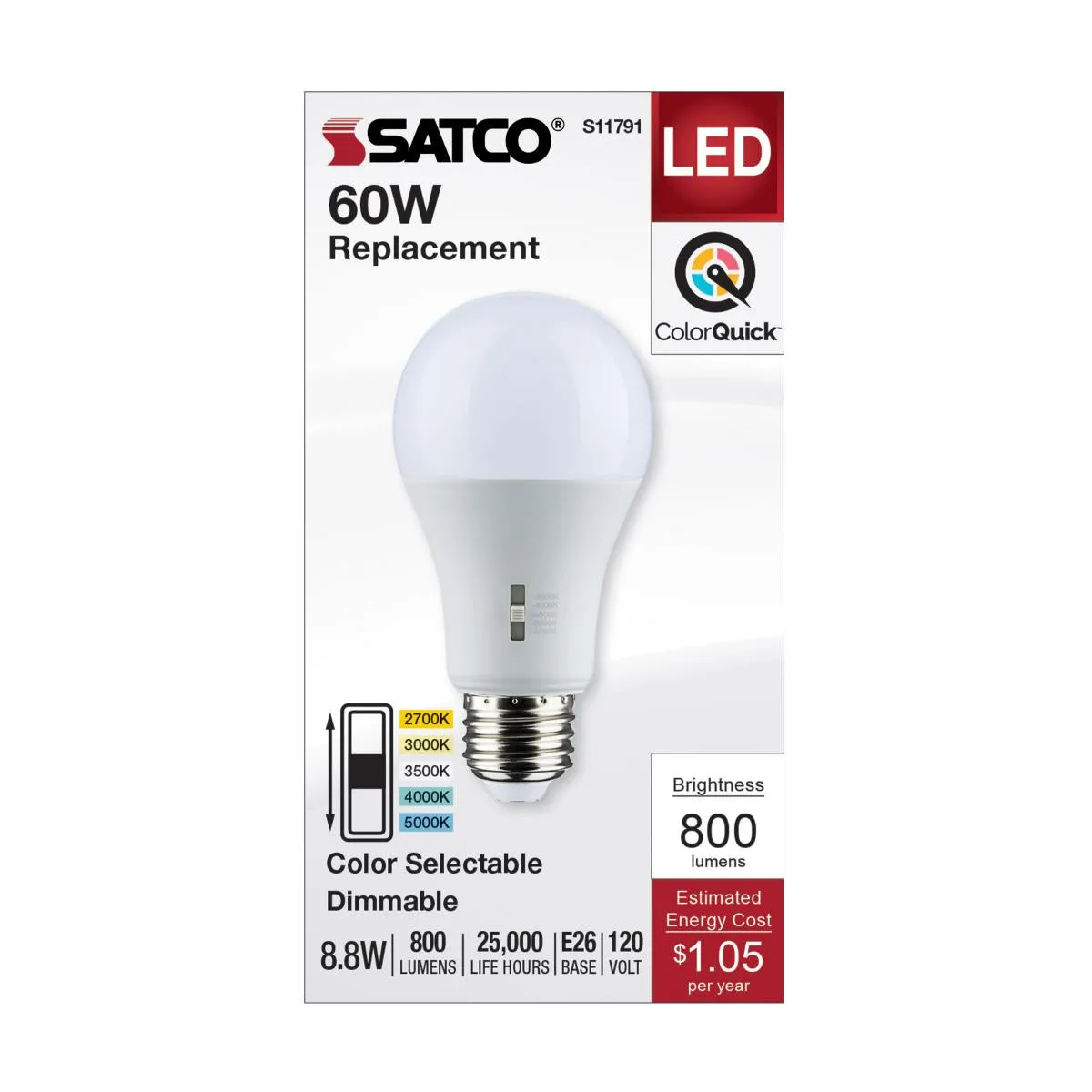 Dimmable A19 LED Bulb, 9 Watts, 800 Lumens, Selectable 30K/40K/50K, 60W Equal, E26 Medium