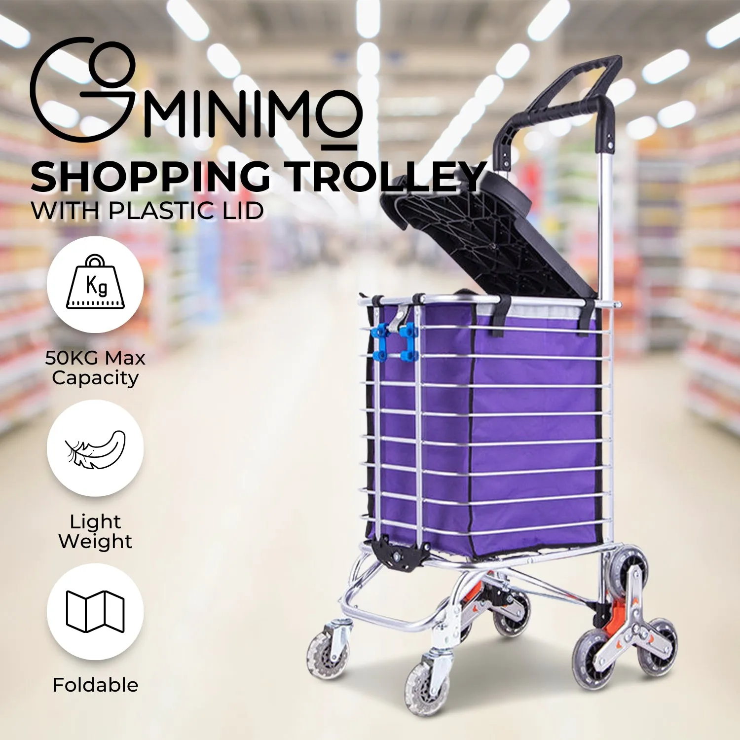 Foldable Aluminum Shopping Trolley Cart w/ Stair Climbing Wheels by GOMINIMO