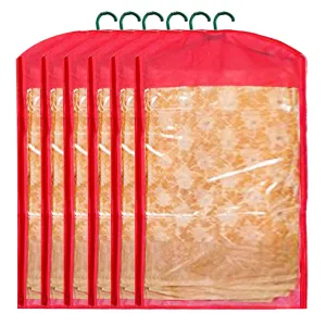 Heart Home 6 Pieces Non Woven Hanging Saree Cover Wardrobe Organiser with Hanger (Red) - CTHH14695