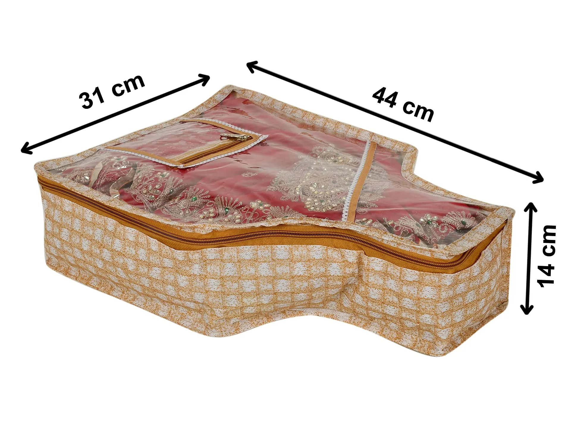 Heart Home Check Printed Transparent Blouse Cover Wardrobe Organiser Clothes Storage Bag With 1 Small Pocket (Set of 3,Gold)-HS_38_HEARTH21431