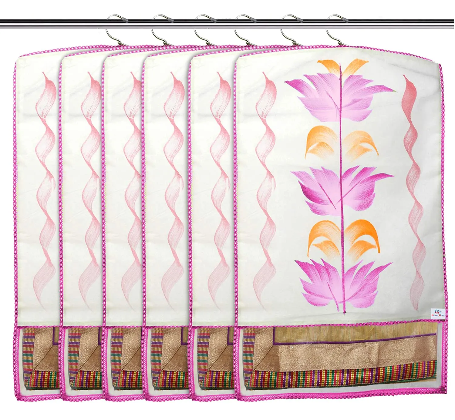 Heart Home Non Woven Hanging Saree Cover With 1 Zipper Compartment on Back Side- Pack of 6 (Pink)-HS_38_HEARTH21522