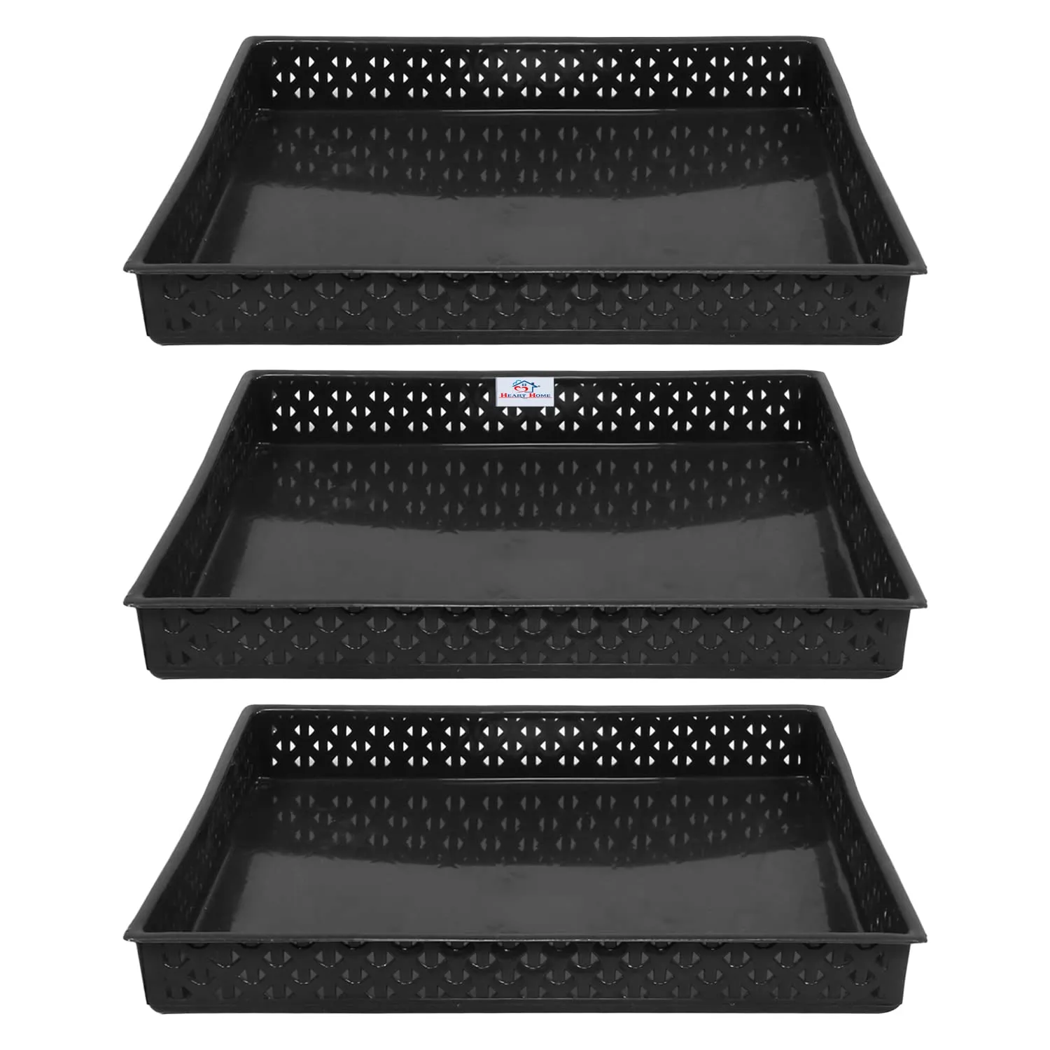 Heart Home Storage Tray|Versatile Plastic Storage Organizer|Rectangular Tray for Kitchen Storage|Storage Tray for Office|ALEXA-15|Pack of 3 (Black)