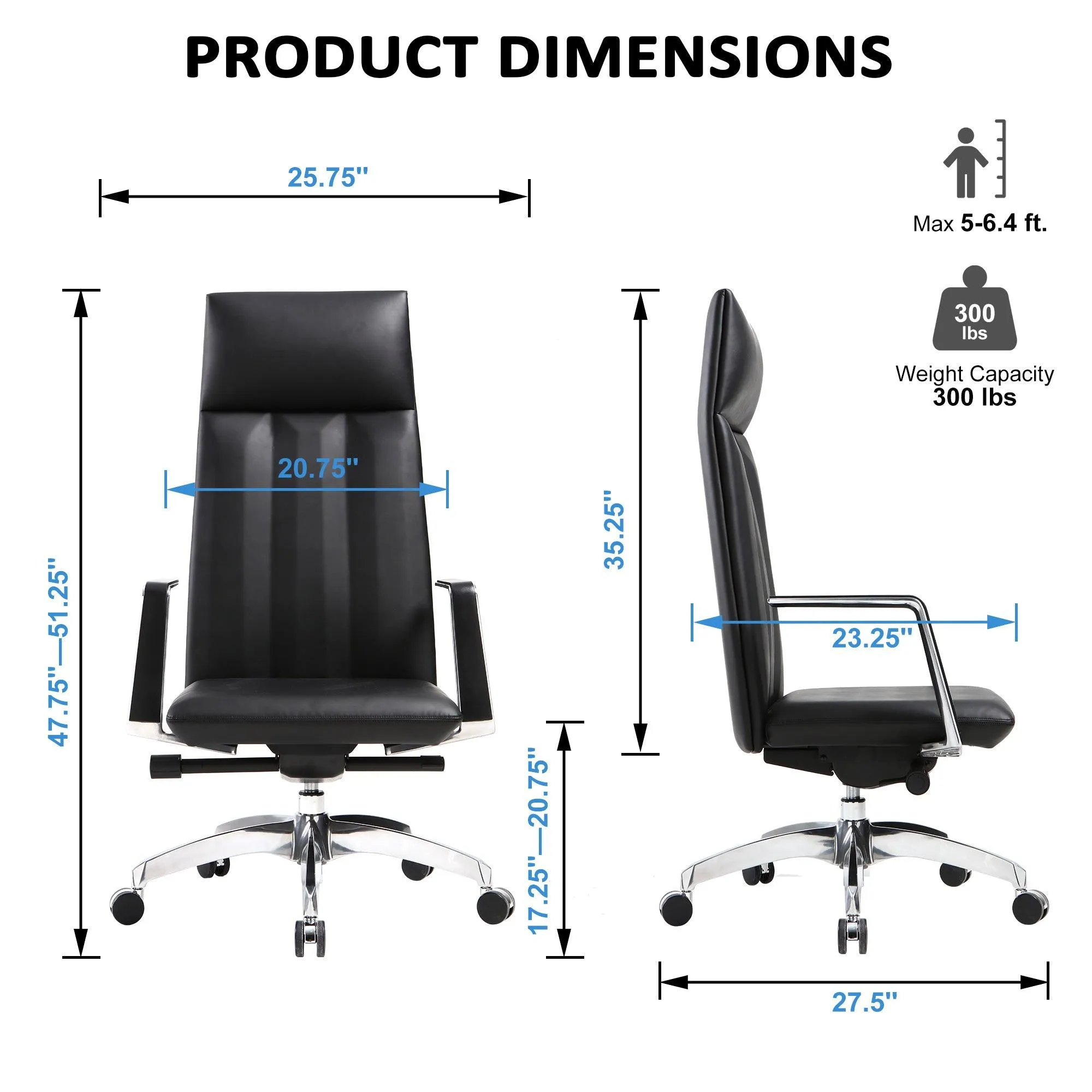 High Back Chair, Ergonomic Leather Office Chair, Office Chair with Adjustable Height and Tilt Function, 360° Swivel, Large Tall Computer Chair, Black