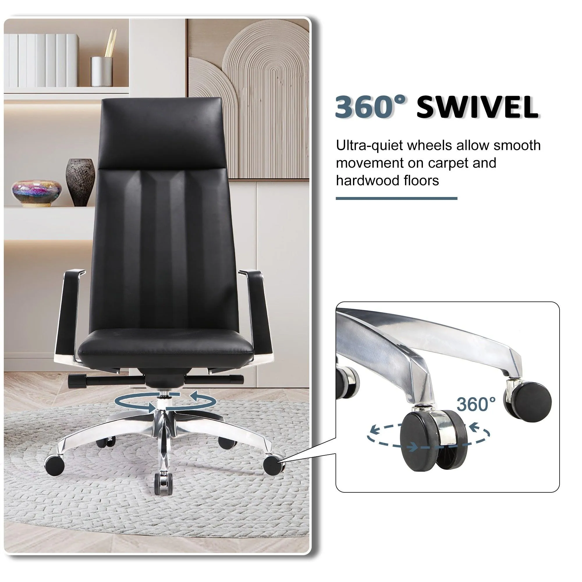 High Back Chair, Ergonomic Leather Office Chair, Office Chair with Adjustable Height and Tilt Function, 360° Swivel, Large Tall Computer Chair, Black