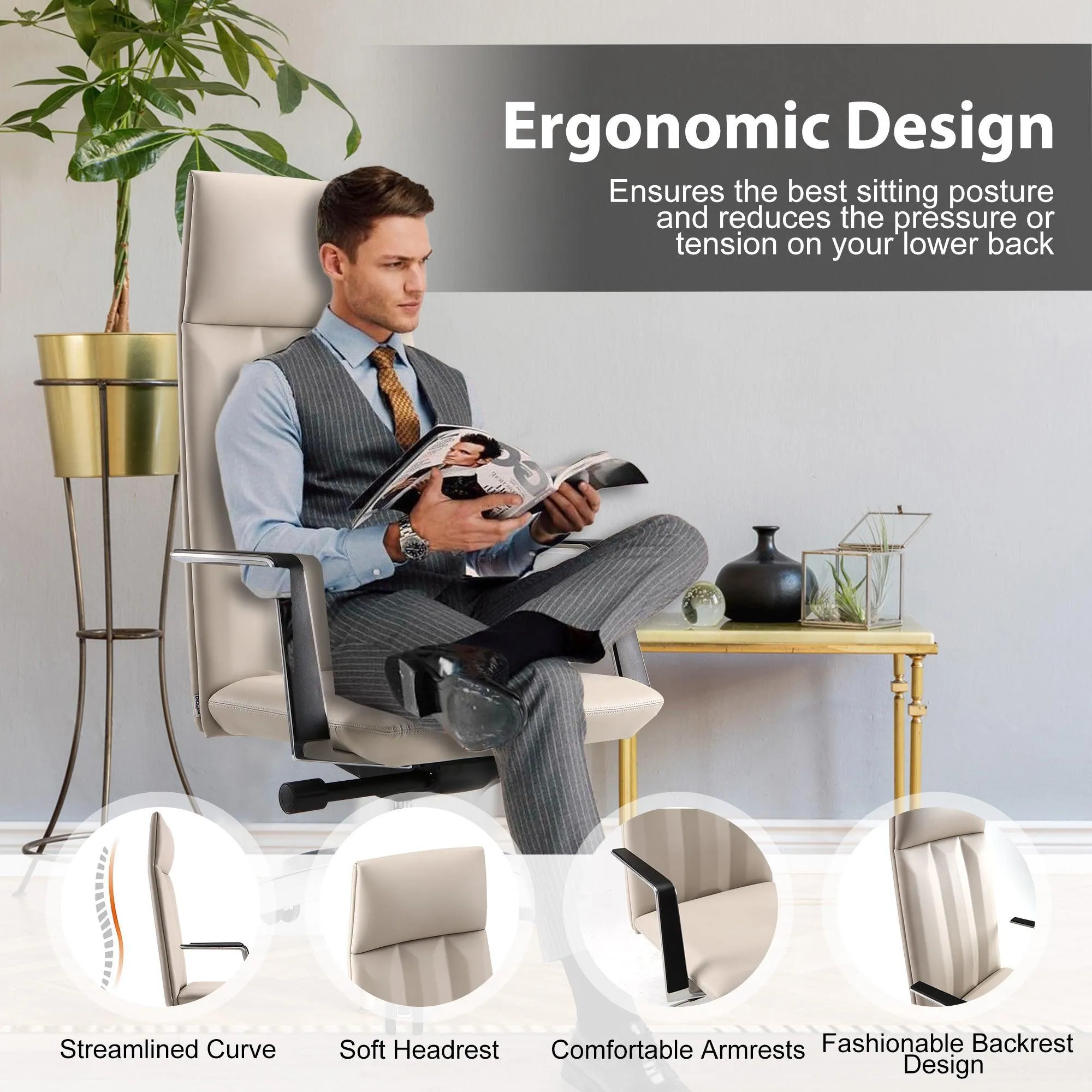 High Back Chair, Ergonomic Leather Office Chair, Office Chair with Adjustable Height and Tilt Function, 360° Swivel, Large Tall Computer Chair, White