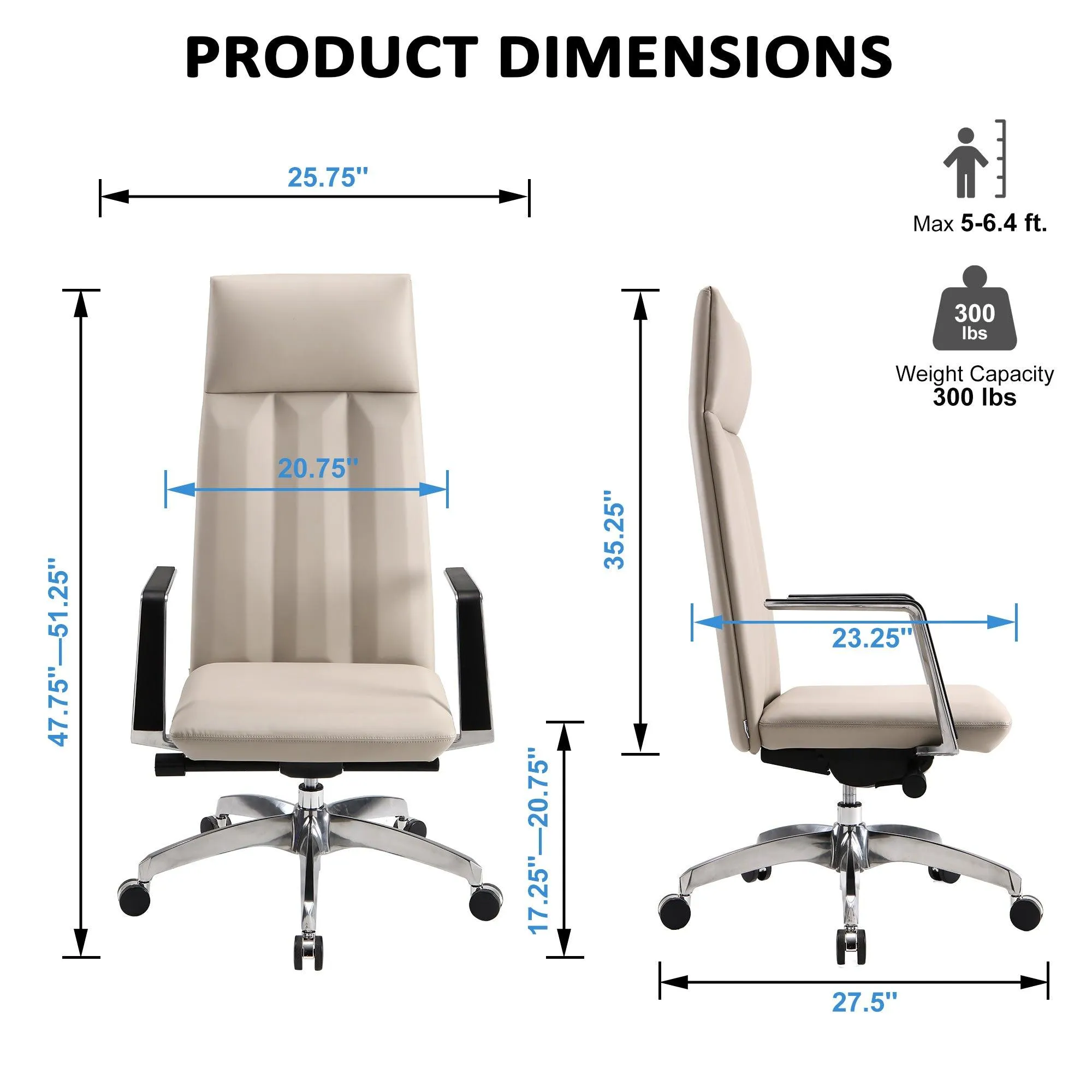 High Back Chair, Ergonomic Leather Office Chair, Office Chair with Adjustable Height and Tilt Function, 360° Swivel, Large Tall Computer Chair, White