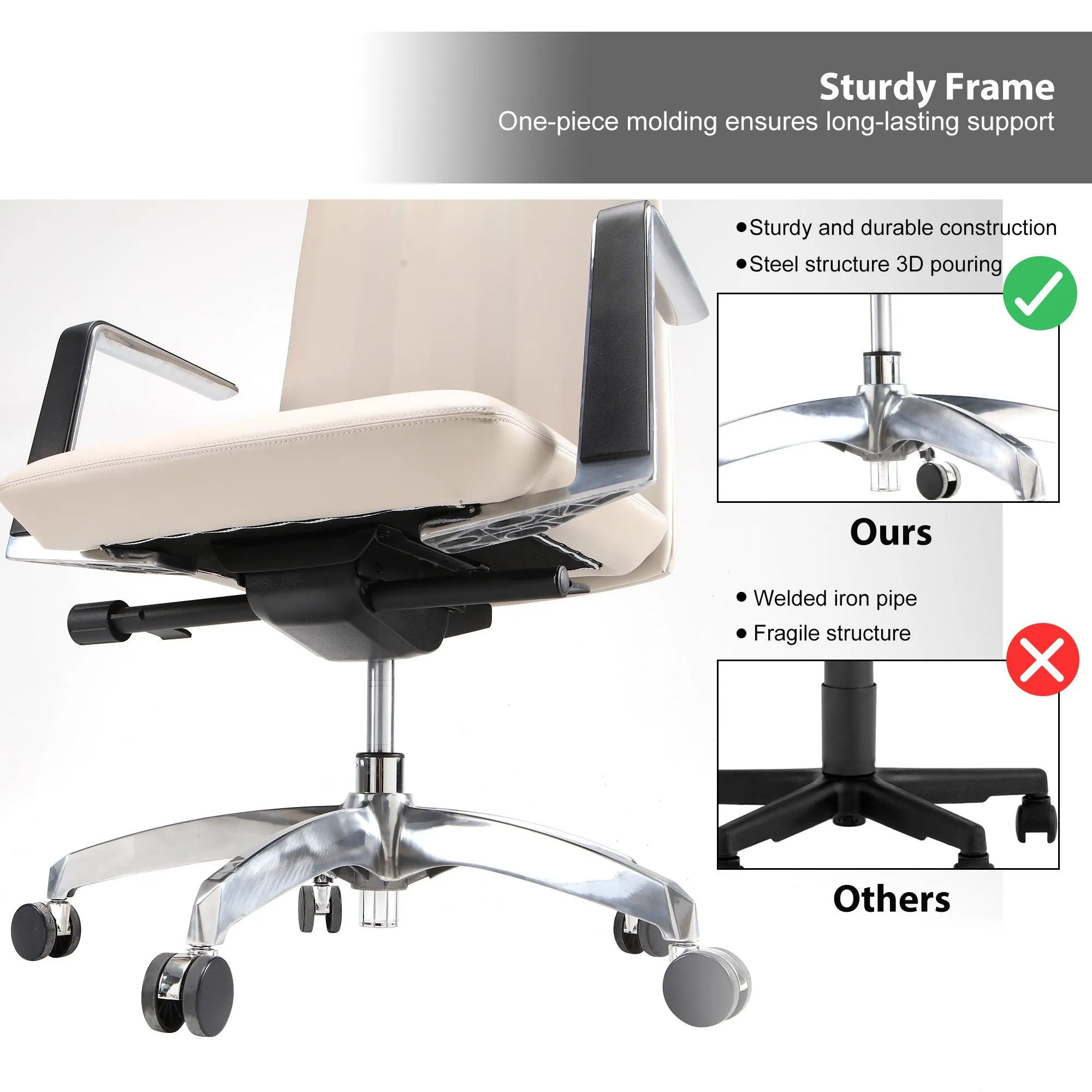 High Back Chair, Ergonomic Leather Office Chair, Office Chair with Adjustable Height and Tilt Function, 360° Swivel, Large Tall Computer Chair, White