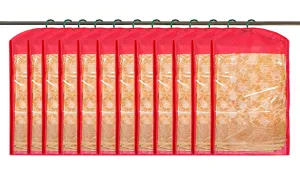 Kuber Industries 12 Pieces Non Woven Hanging Saree Cover Wardrobe Organiser with Hanger (Red) - CTKTC30950