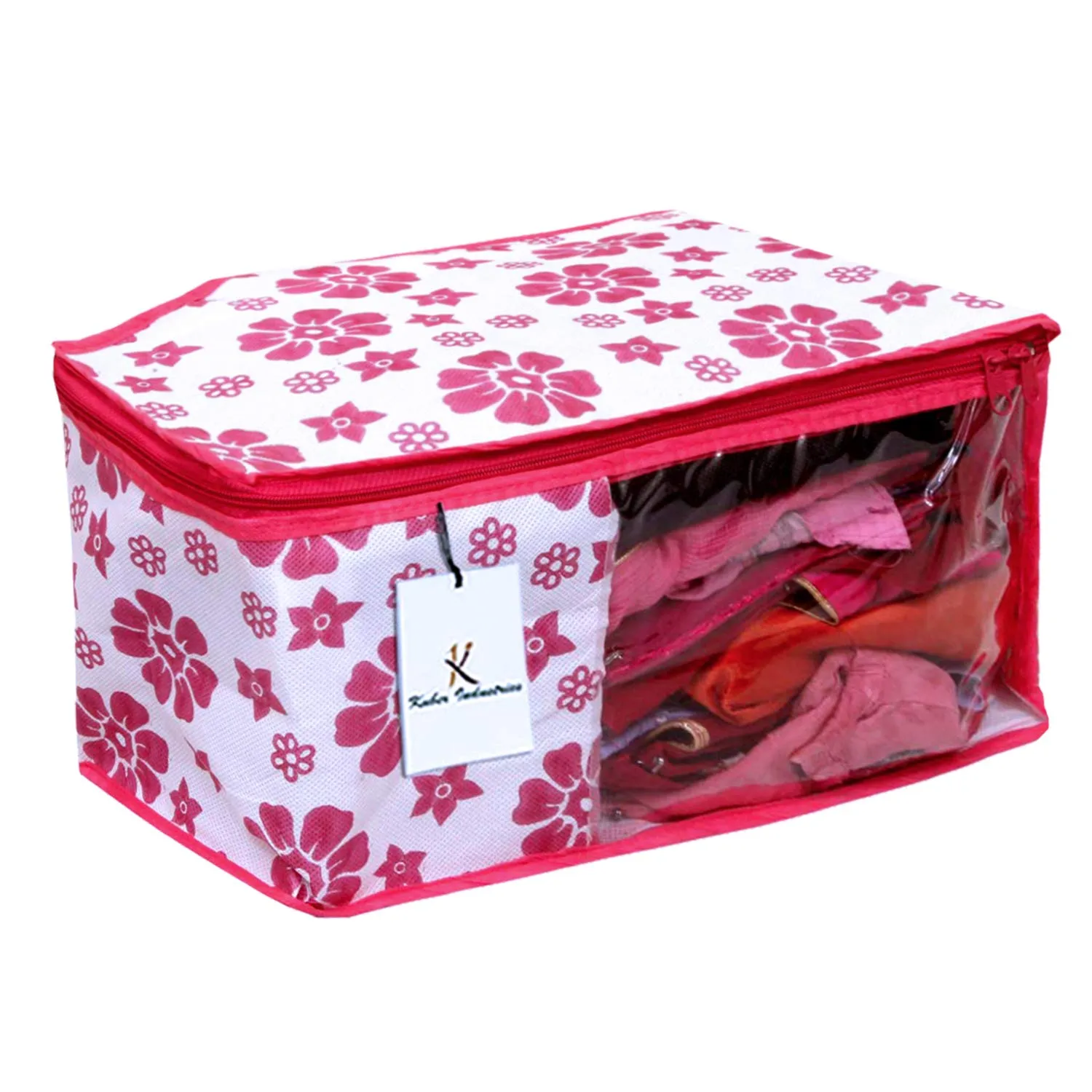 Kuber Industries Flower Design Non Woven 4 Piece Saree Cover/Cloth Wardrobe Organizer and 4 Pieces Blouse Cover Combo Set (Pink) -CTKTC038441