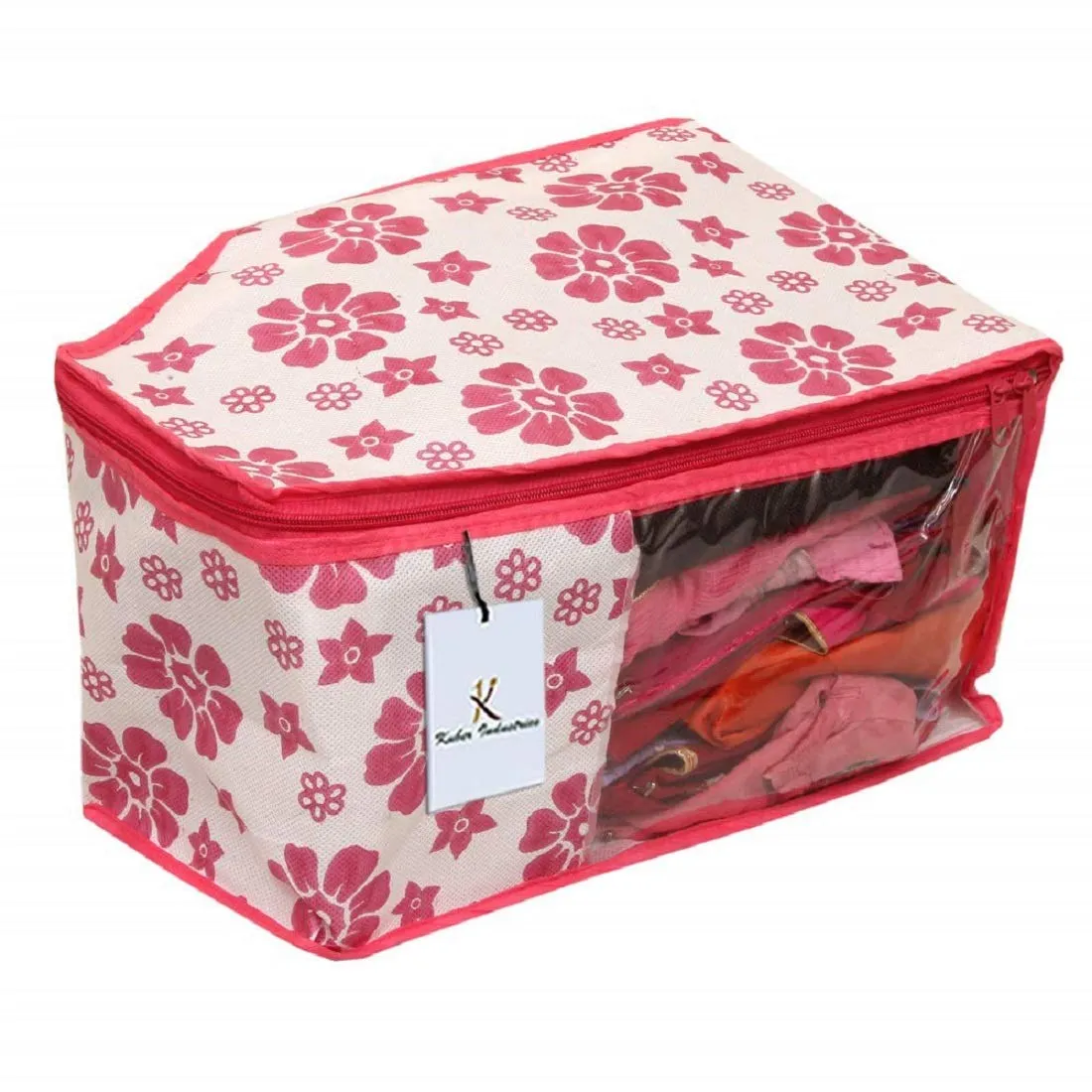 Kuber Industries Flower Design Non Woven 4 Piece Saree Cover/Cloth Wardrobe Organizer and 4 Pieces Blouse Cover Combo Set (Pink) -CTKTC038441