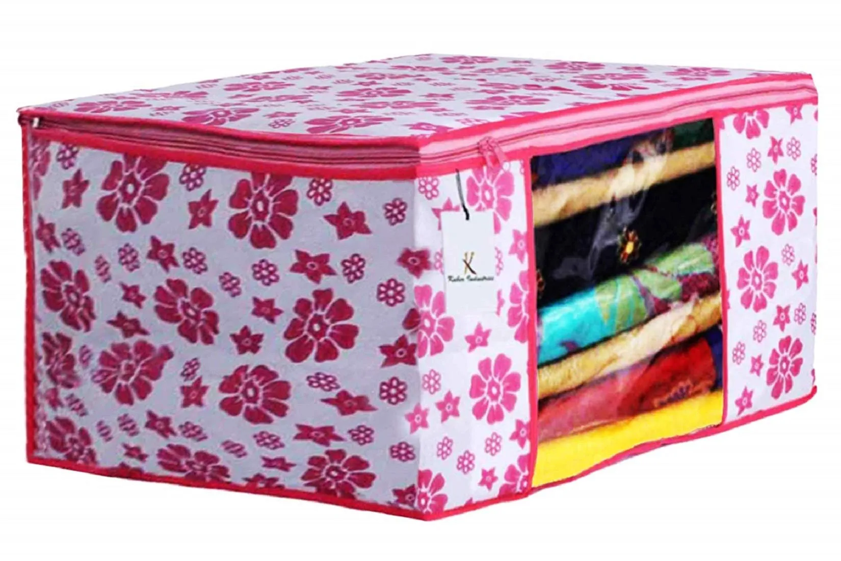 Kuber Industries Flower Design Non Woven 4 Piece Saree Cover/Cloth Wardrobe Organizer and 4 Pieces Blouse Cover Combo Set (Pink) -CTKTC038441