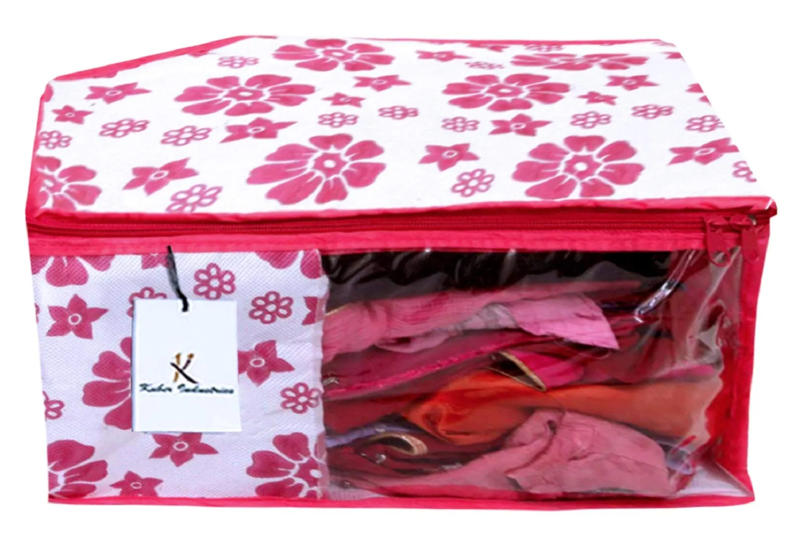 Kuber Industries Flower Design Non Woven 4 Piece Saree Cover/Cloth Wardrobe Organizer and 4 Pieces Blouse Cover Combo Set (Pink) -CTKTC038441