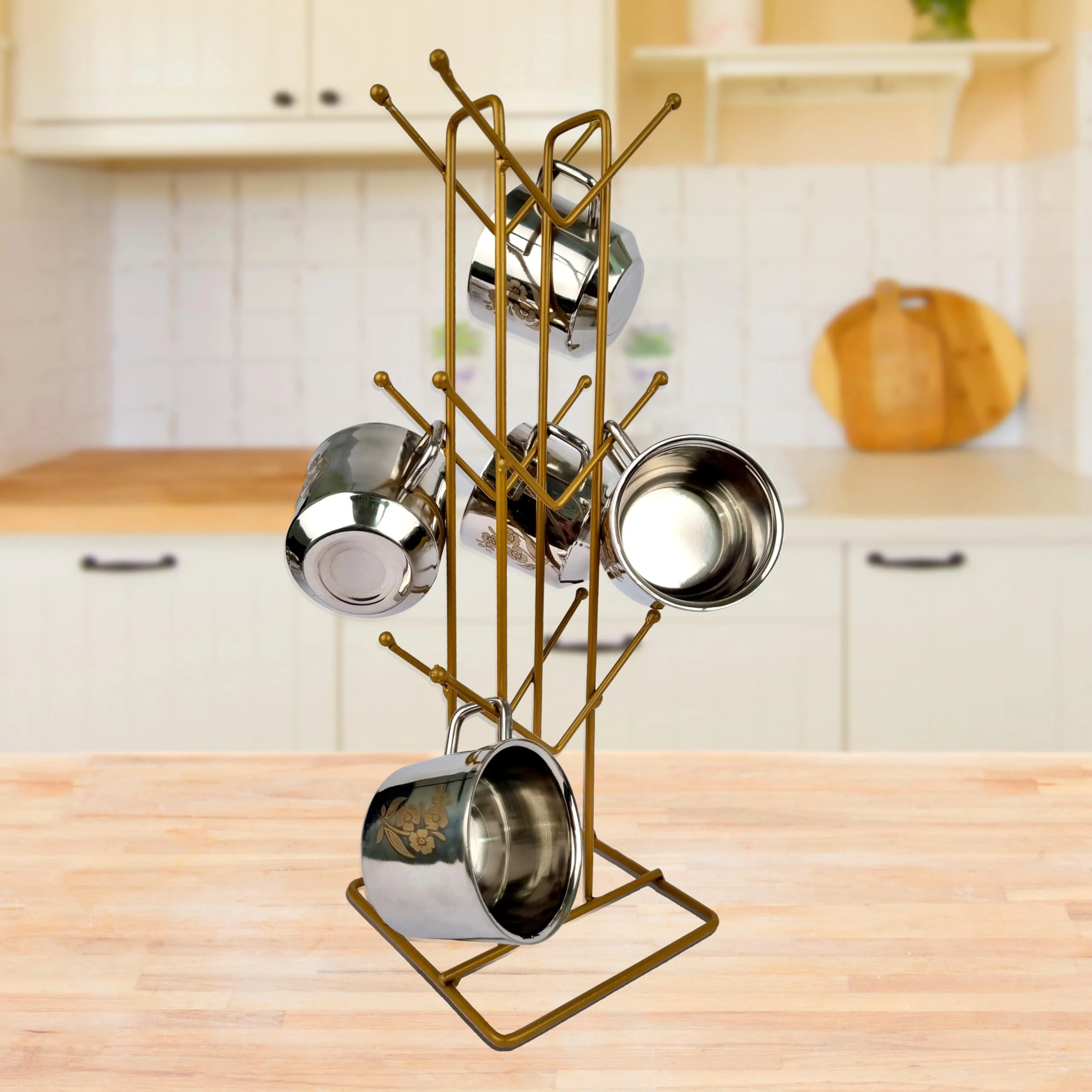 Kuber Industries Kitchen Stand | Cup Stand for Kitchen | Coffee and Tea Mug Holder | Dinning Tabel Cup Stand for Kitchen | Organizer for Kitchen | 12 Hook Cup Stand Hanger | Gold