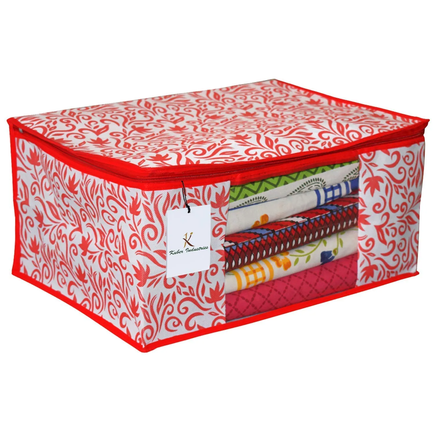 Kuber Industries Leaf Design Non Woven 3 Piece Saree Cover/Cloth Wardrobe Organizer and 3 Pieces Blouse Cover Combo Set (Red) -CTKTC038403