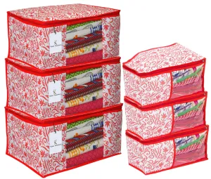 Kuber Industries Leaf Design Non Woven 3 Piece Saree Cover/Cloth Wardrobe Organizer and 3 Pieces Blouse Cover Combo Set (Red) -CTKTC038403