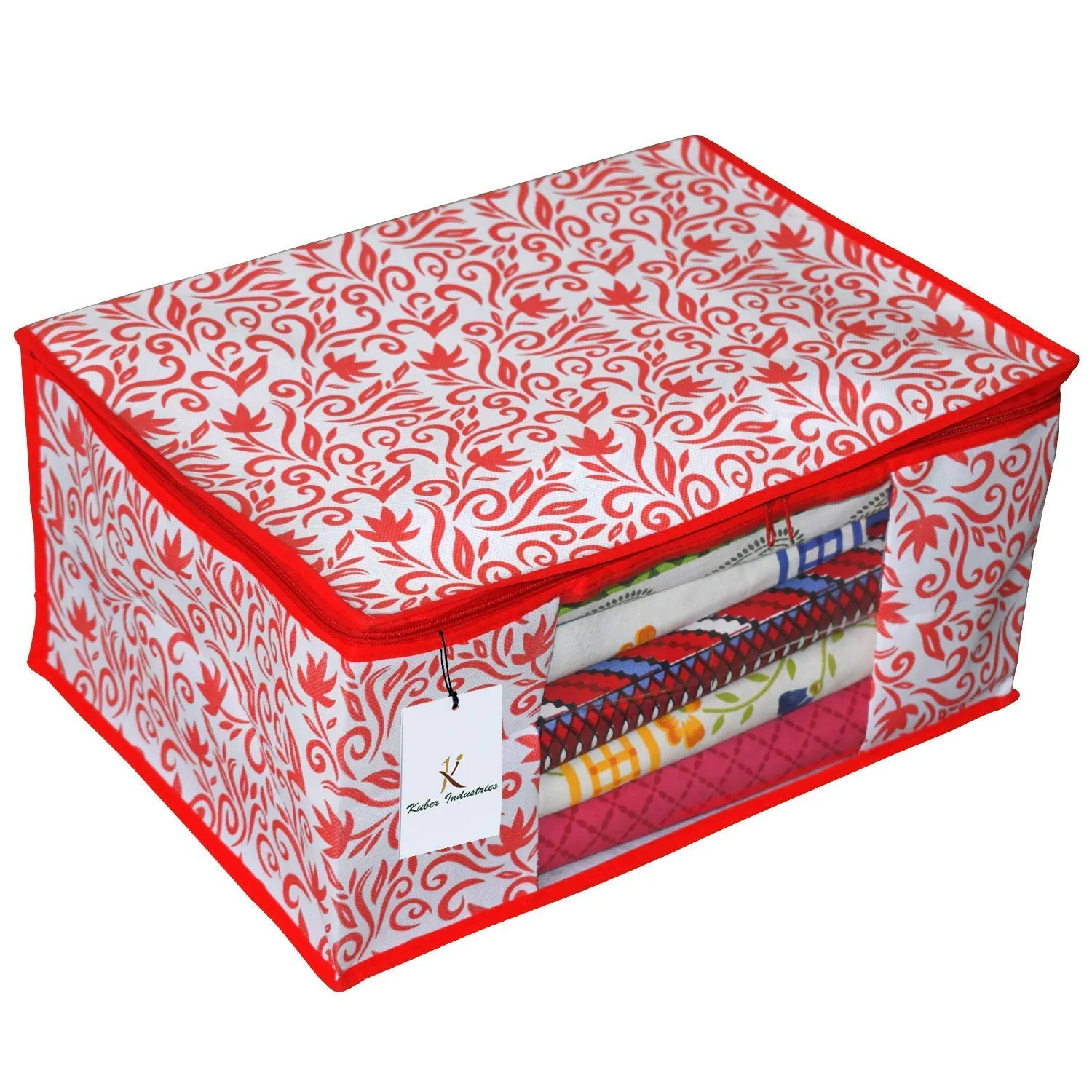 Kuber Industries Leaf Design Non Woven 3 Piece Saree Cover/Cloth Wardrobe Organizer and 3 Pieces Blouse Cover Combo Set (Red) -CTKTC038403