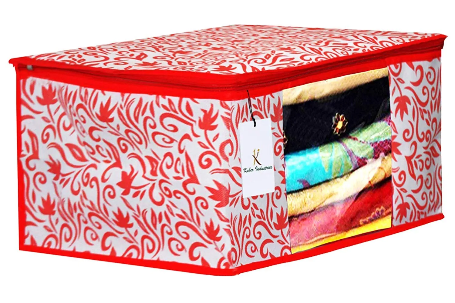 Kuber Industries Leaf Design Non Woven 3 Piece Saree Cover/Cloth Wardrobe Organizer and 3 Pieces Blouse Cover Combo Set (Red) -CTKTC038403