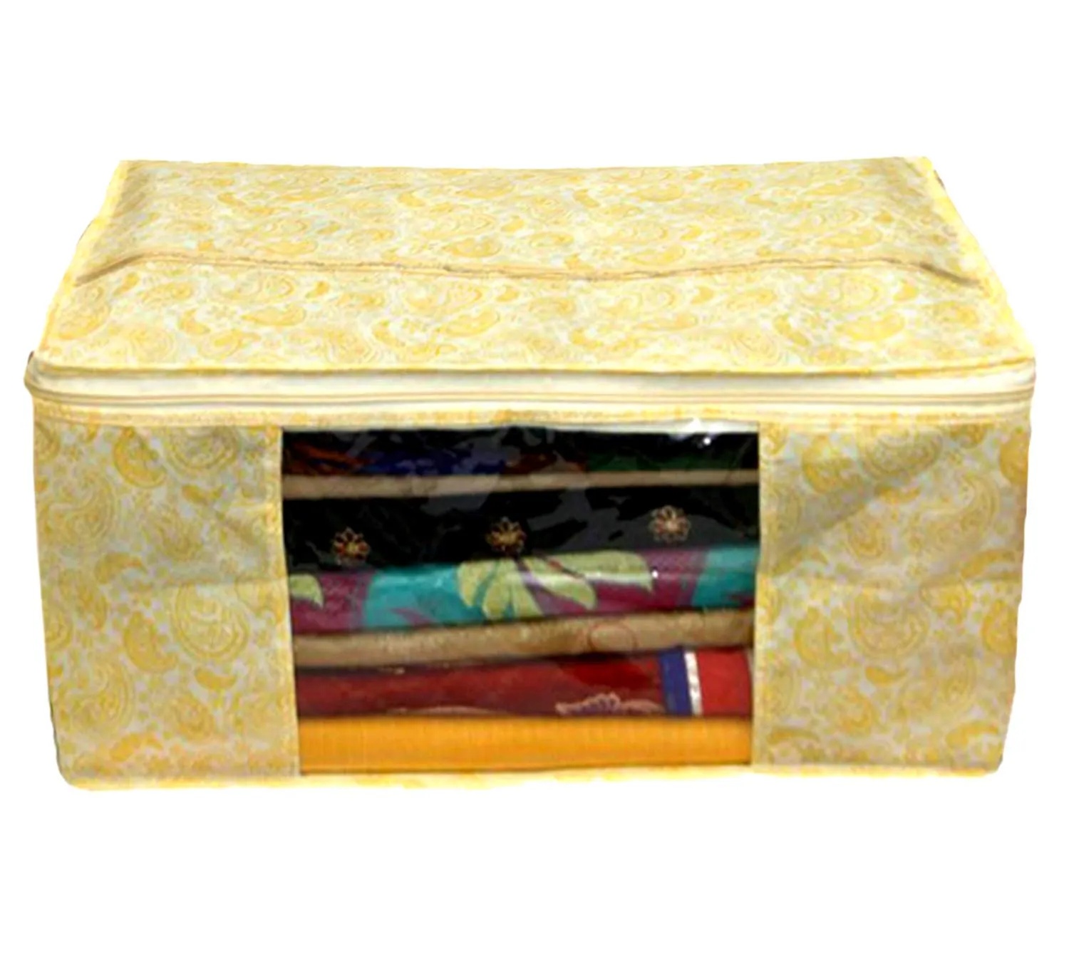 Kuber Industries Leaf Design Non Woven 6 Piece Saree Cover/Cloth Wardrobe Organizer and 6 Pieces Blouse Cover Combo Set (Gold) -CTKTC38449