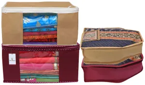 Kuber Industries Non Woven 2 Pieces Saree Cover/Cloth Wardrobe Organizer and 2 Pieces Blouse Cover Combo Set (Maroon & Brown)