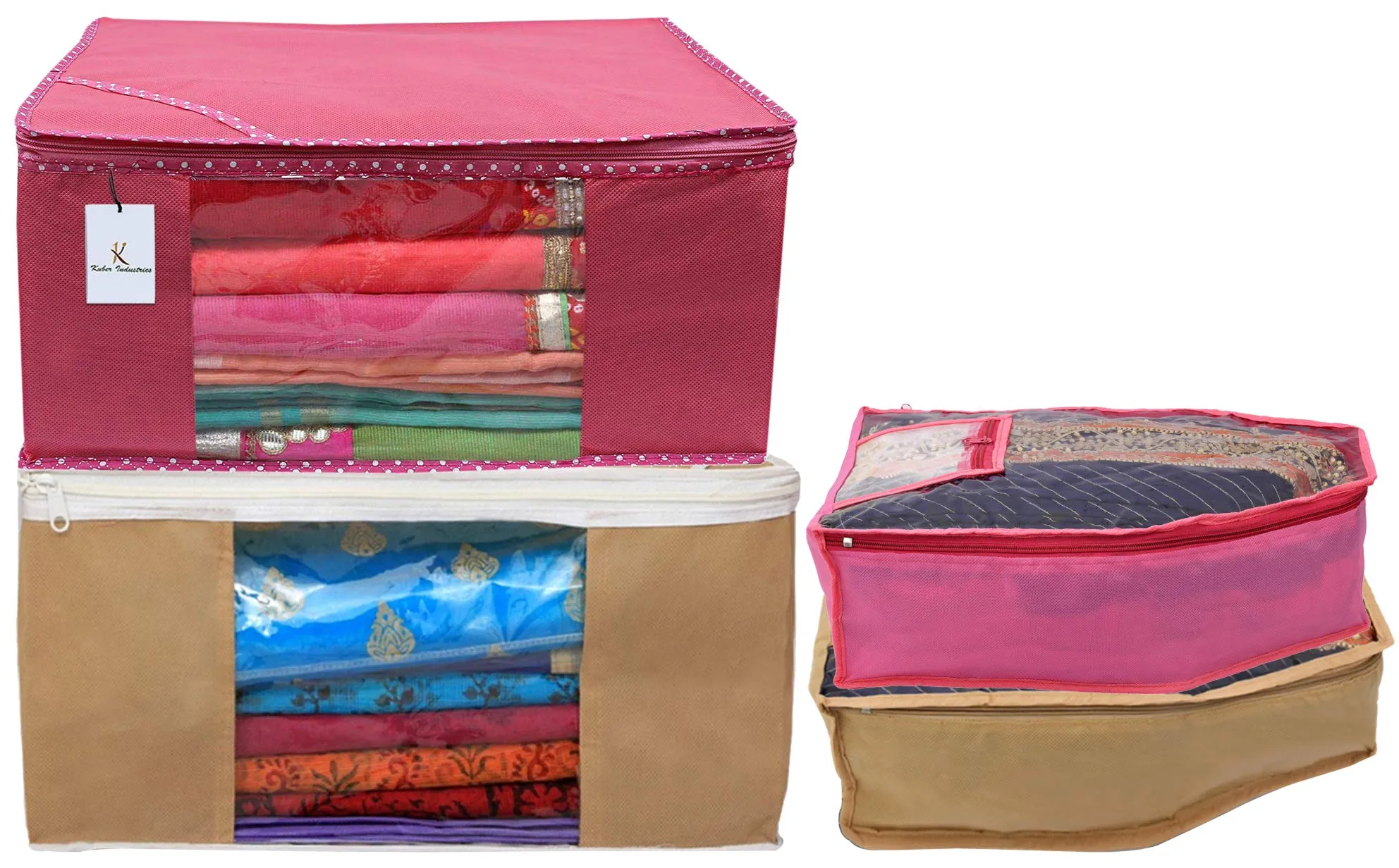 Kuber Industries Non Woven 2 Pieces Saree Cover/Cloth Wardrobe Organizer and 2 Pieces Blouse Cover Combo Set (Pink & Brown)